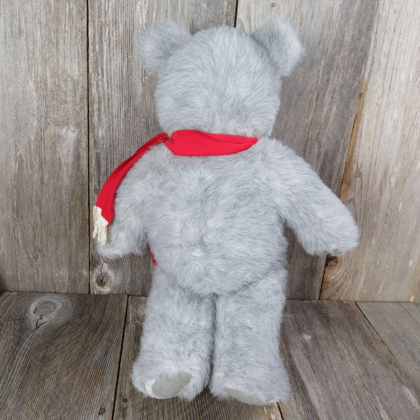 Vintage Grey Bear with Red Scarf Plush Happy Gray Handmade Stitched Winter Teddy Stuffed Animal