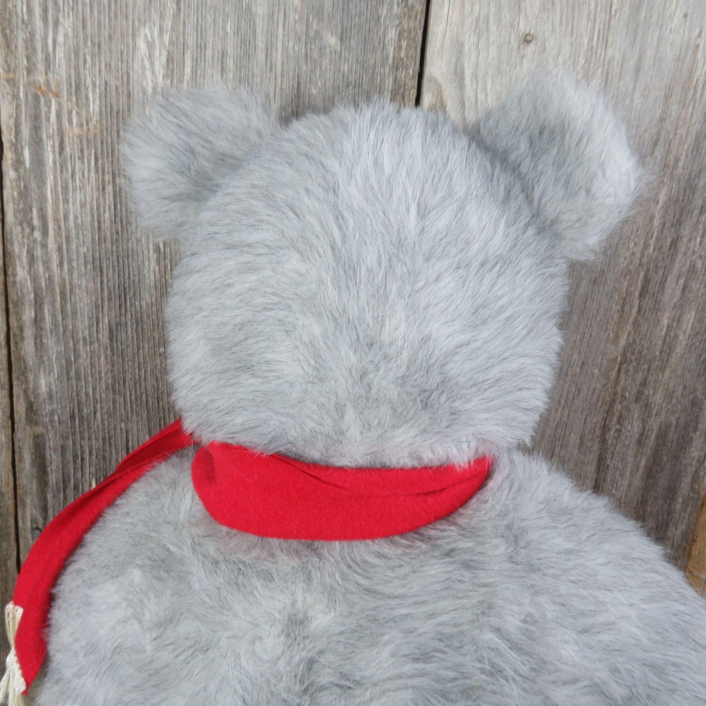 Vintage Grey Bear with Red Scarf Plush Happy Gray Handmade Stitched Winter Teddy Stuffed Animal