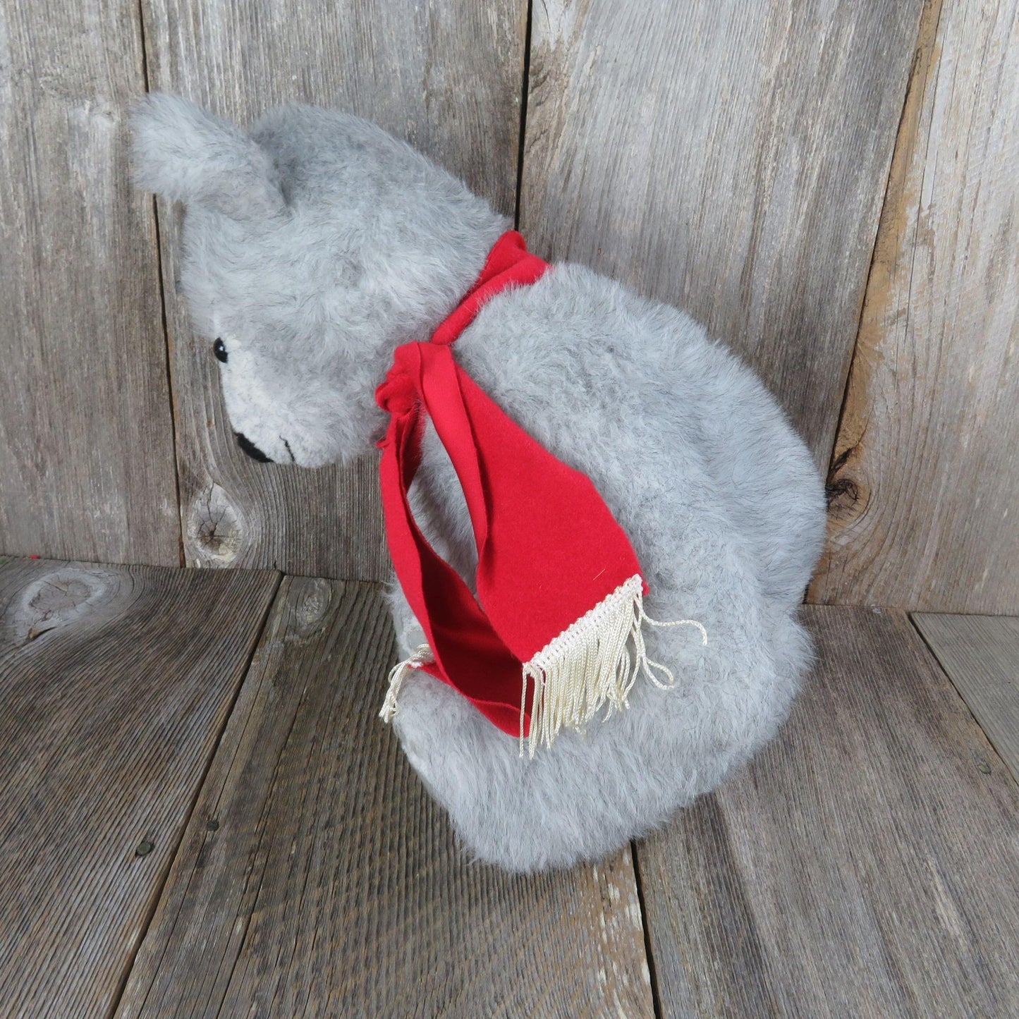 Vintage Grey Bear with Red Scarf Plush Happy Gray Handmade Stitched Winter Teddy Stuffed Animal