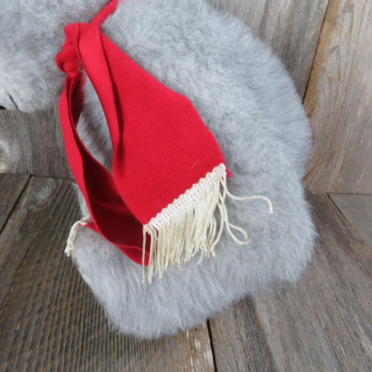 Vintage Grey Bear with Red Scarf Plush Happy Gray Handmade Stitched Winter Teddy Stuffed Animal