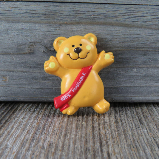 Vintage Yellow Teddy Bear Pin 100% Huggable Red Sash Ribbon Russ Brooch Valentines - At Grandma's Table