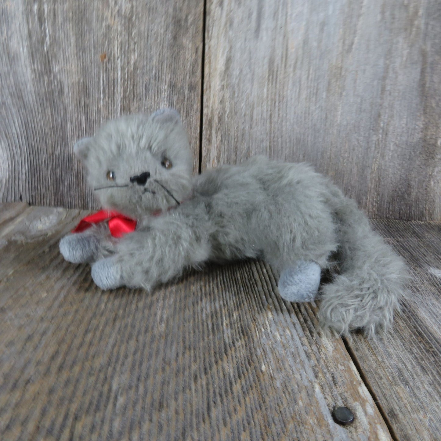 Vintage Cat Kitten Plush Beanie Baby Gray Red Bow Beani Bean Bag Stuffed Animal 2001