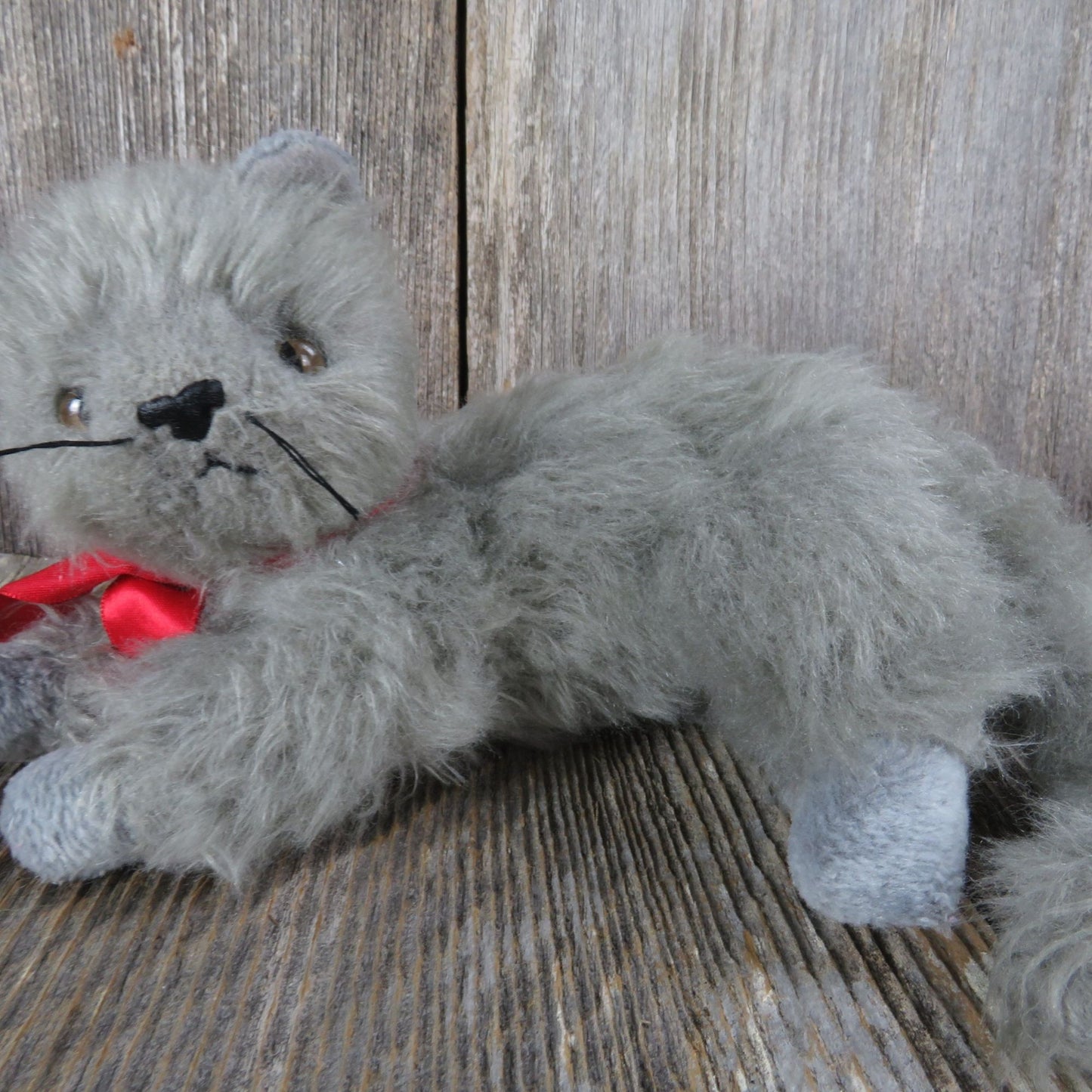 Vintage Cat Kitten Plush Beanie Baby Gray Red Bow Beani Bean Bag Stuffed Animal 2001