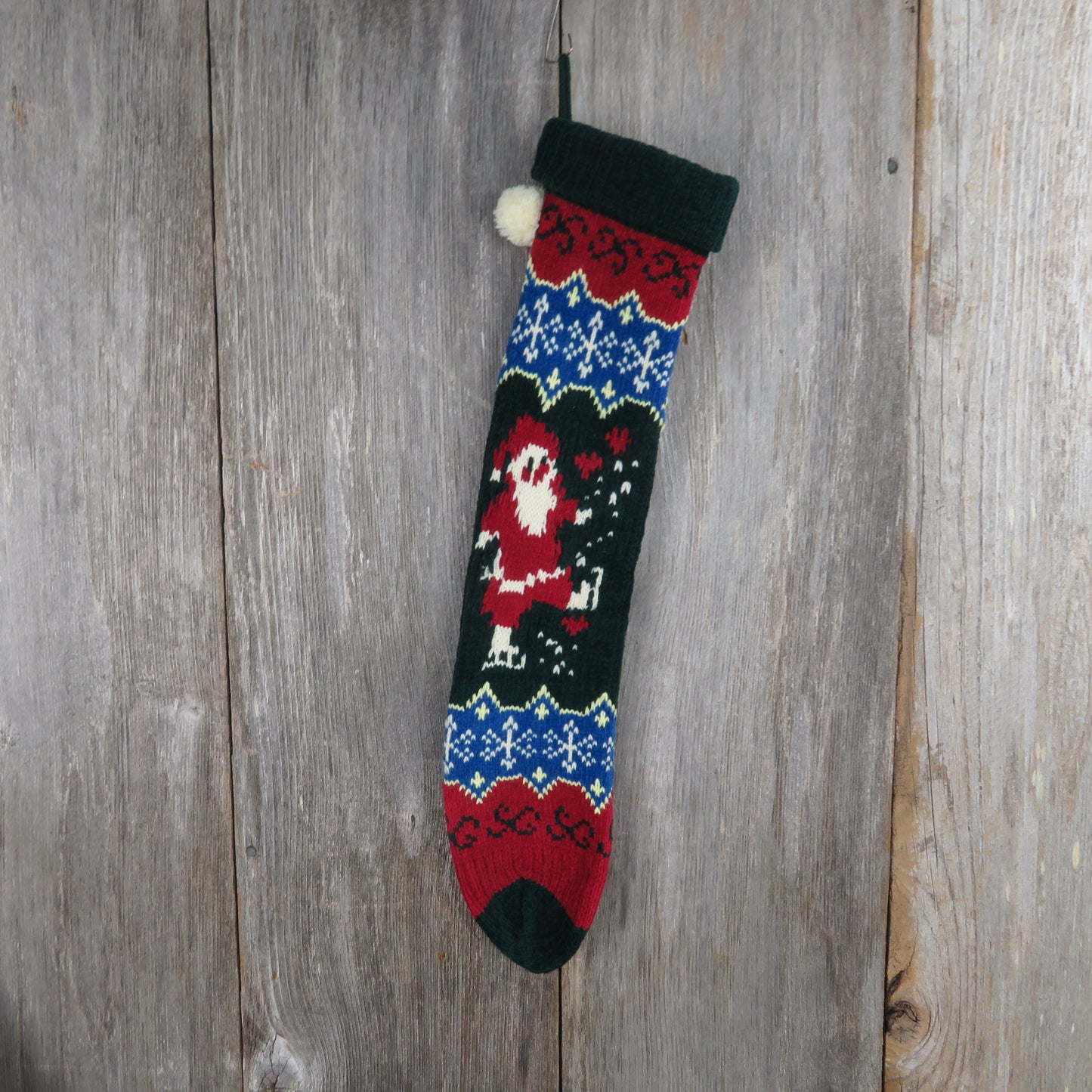 Vintage Santa Claus Knit Stocking Chenille Snowflakes Christmas Cream Blue Green Red Pom Pom 90s