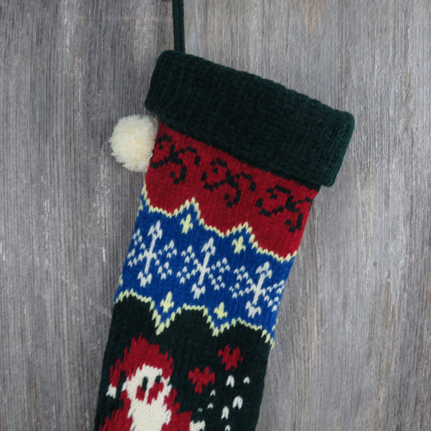 Vintage Santa Claus Knit Stocking Chenille Snowflakes Christmas Cream Blue Green Red Pom Pom 90s