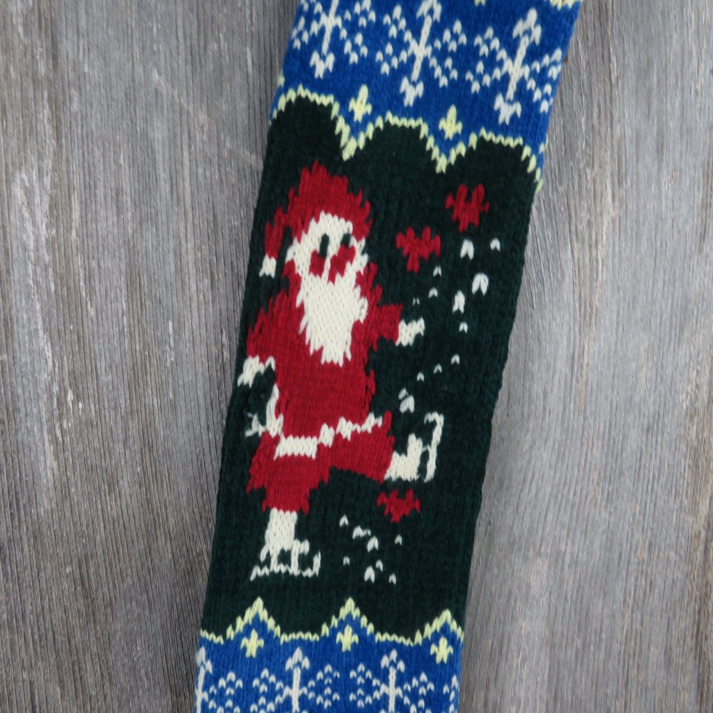 Vintage Santa Claus Knit Stocking Chenille Snowflakes Christmas Cream Blue Green Red Pom Pom 90s