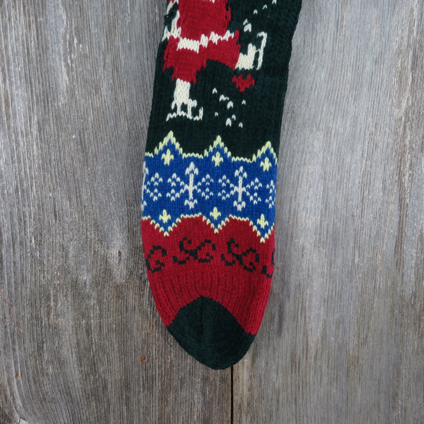 Vintage Santa Claus Knit Stocking Chenille Snowflakes Christmas Cream Blue Green Red Pom Pom 90s