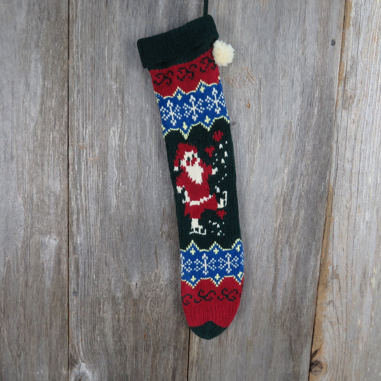 Vintage Santa Claus Knit Stocking Chenille Snowflakes Christmas Cream Blue Green Red Pom Pom 90s