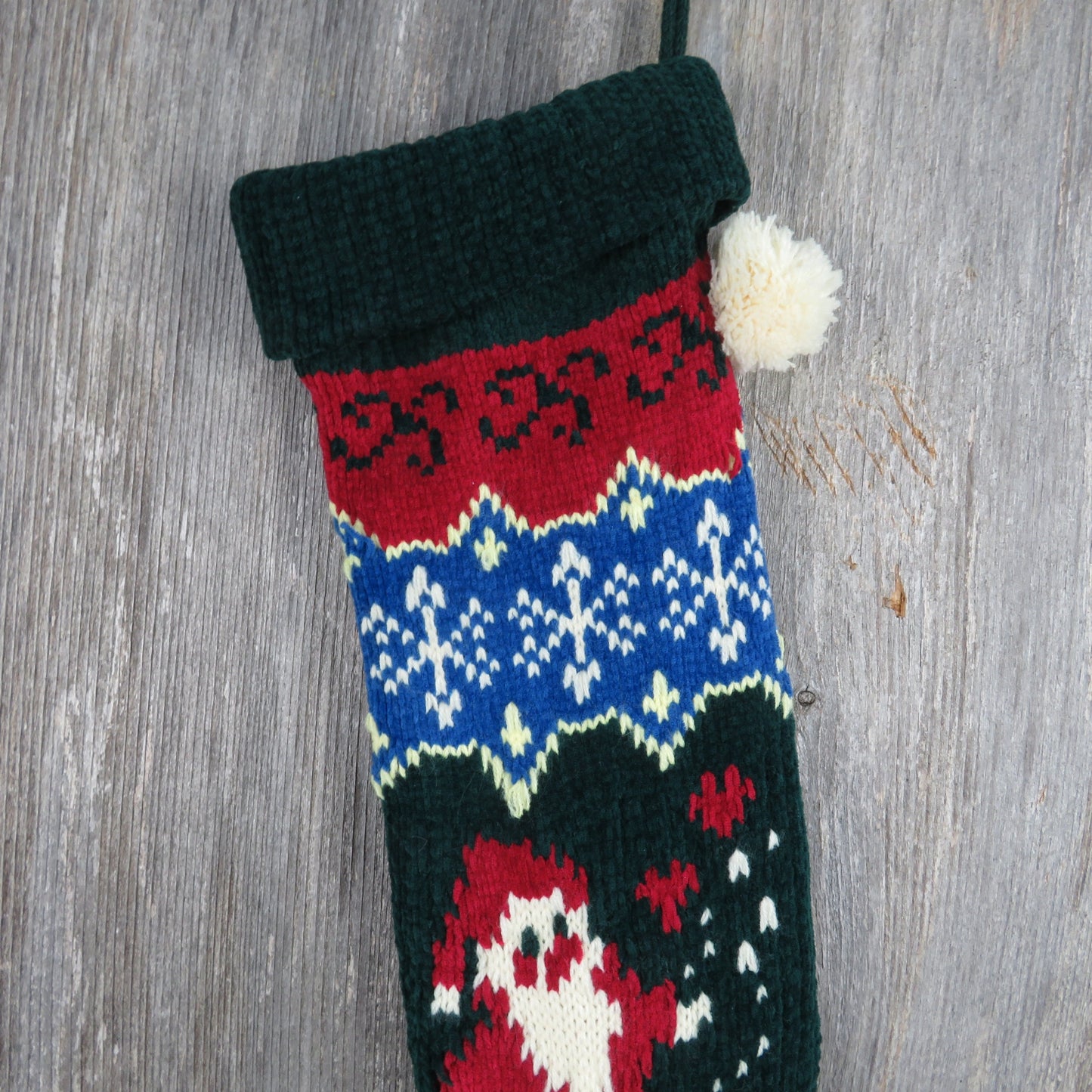 Vintage Santa Claus Knit Stocking Chenille Snowflakes Christmas Cream Blue Green Red Pom Pom 90s