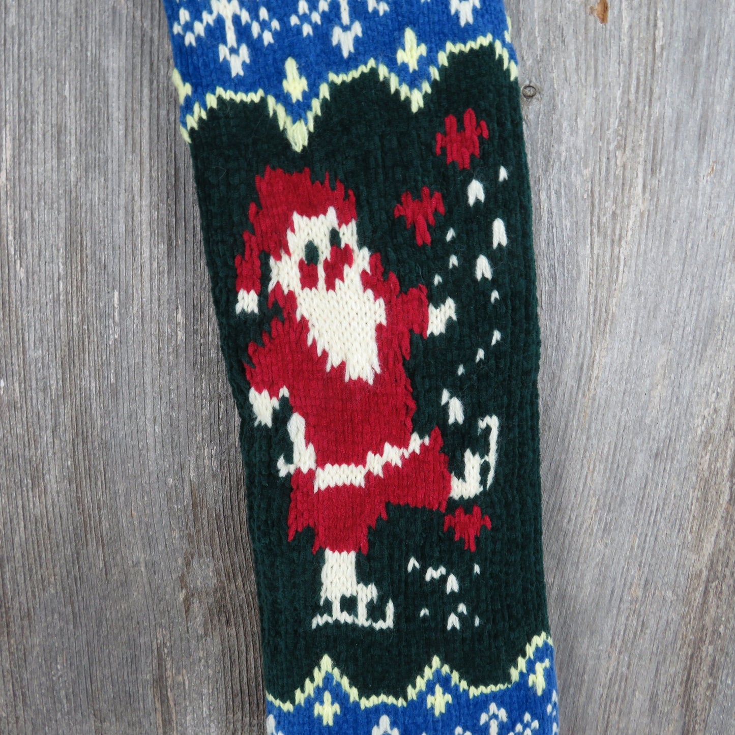 Vintage Santa Claus Knit Stocking Chenille Snowflakes Christmas Cream Blue Green Red Pom Pom 90s