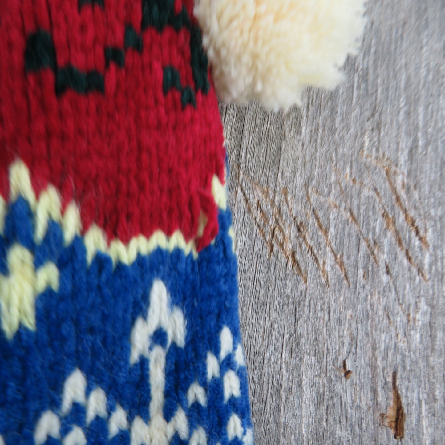 Vintage Santa Claus Knit Stocking Chenille Snowflakes Christmas Cream Blue Green Red Pom Pom 90s