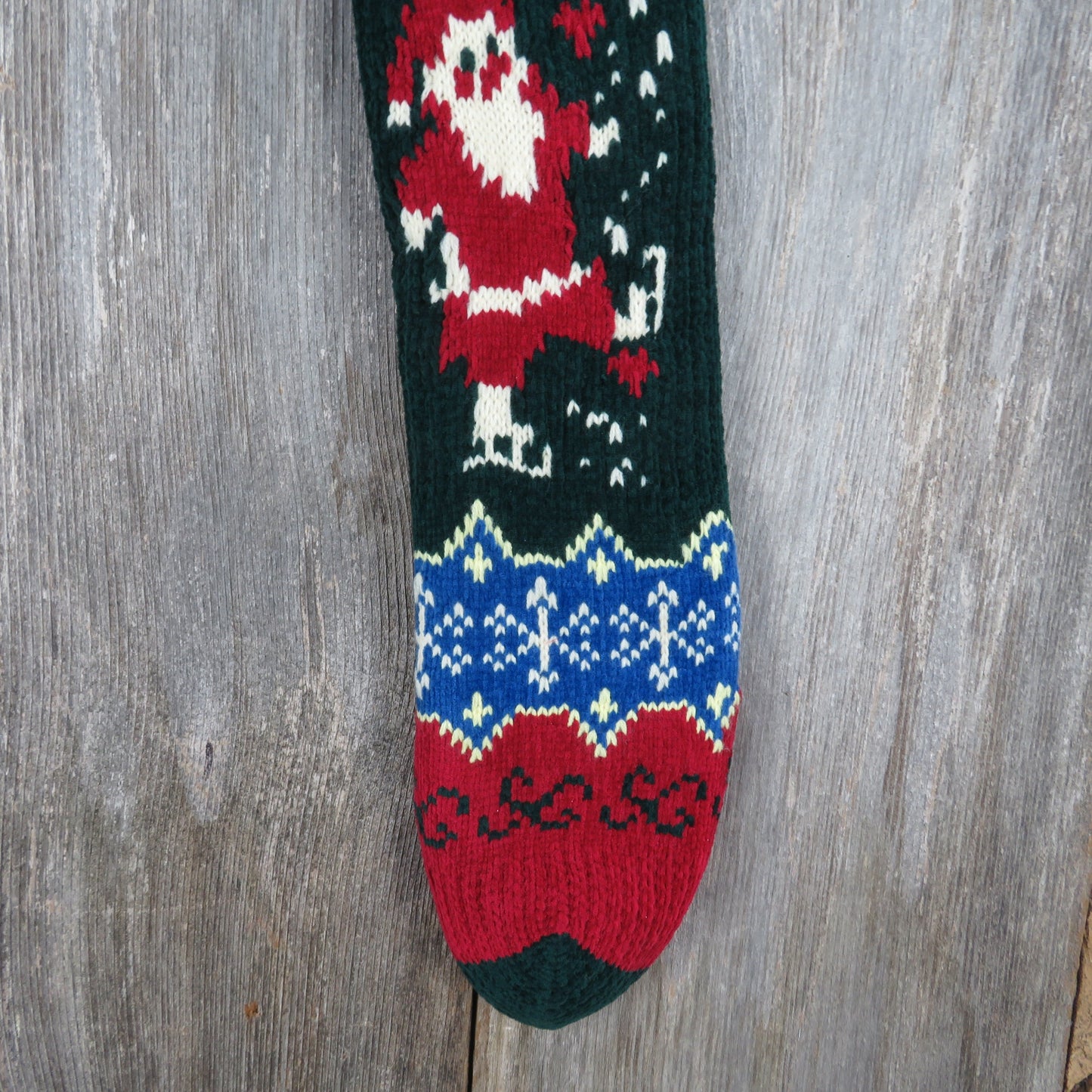 Vintage Santa Claus Knit Stocking Chenille Snowflakes Christmas Cream Blue Green Red Pom Pom 90s