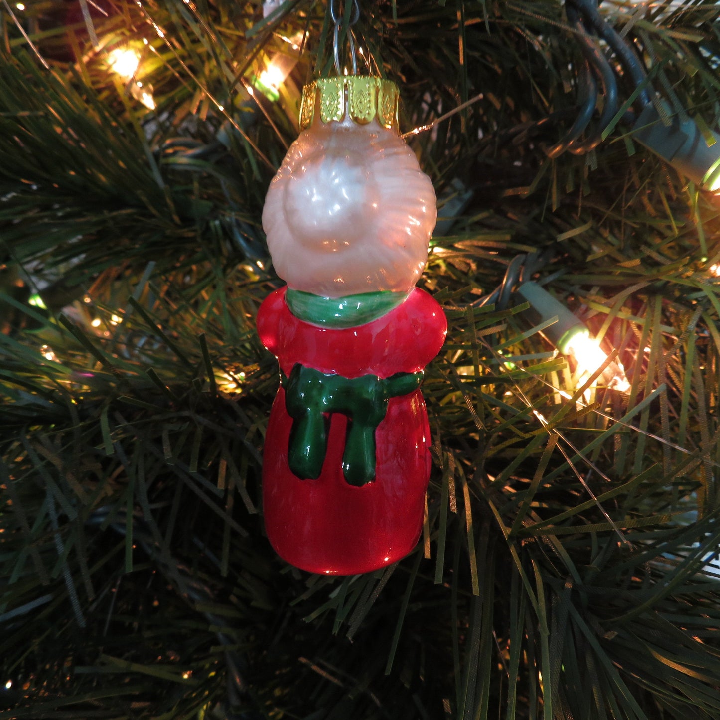 Vintage Mrs Claus Glass Painted Ornament Taiwan Snowman Red Dress Green Apron White Hair