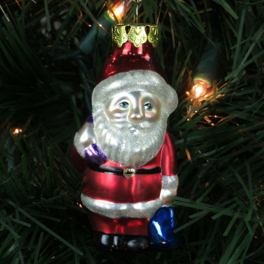 Glass Santa Claus Shaped Ornament Purple Toy Sack Painted Gold Cap Red Blue