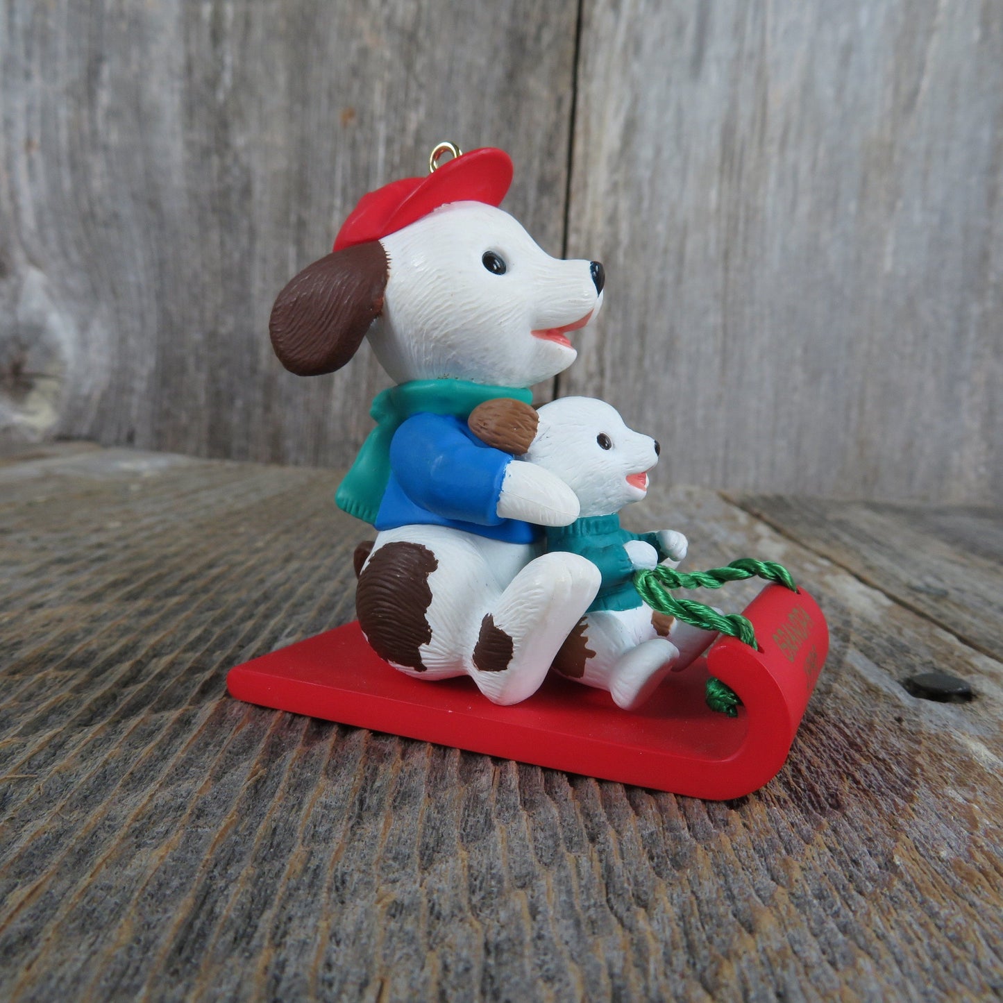 Vintage Dogs on Sled Ornament Grandpa Grandchild Hallmark Christmas 1996 Red Blue White