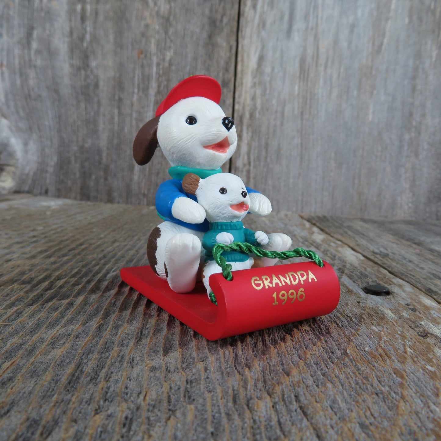 Vintage Dogs on Sled Ornament Grandpa Grandchild Hallmark Christmas 1996 Red Blue White