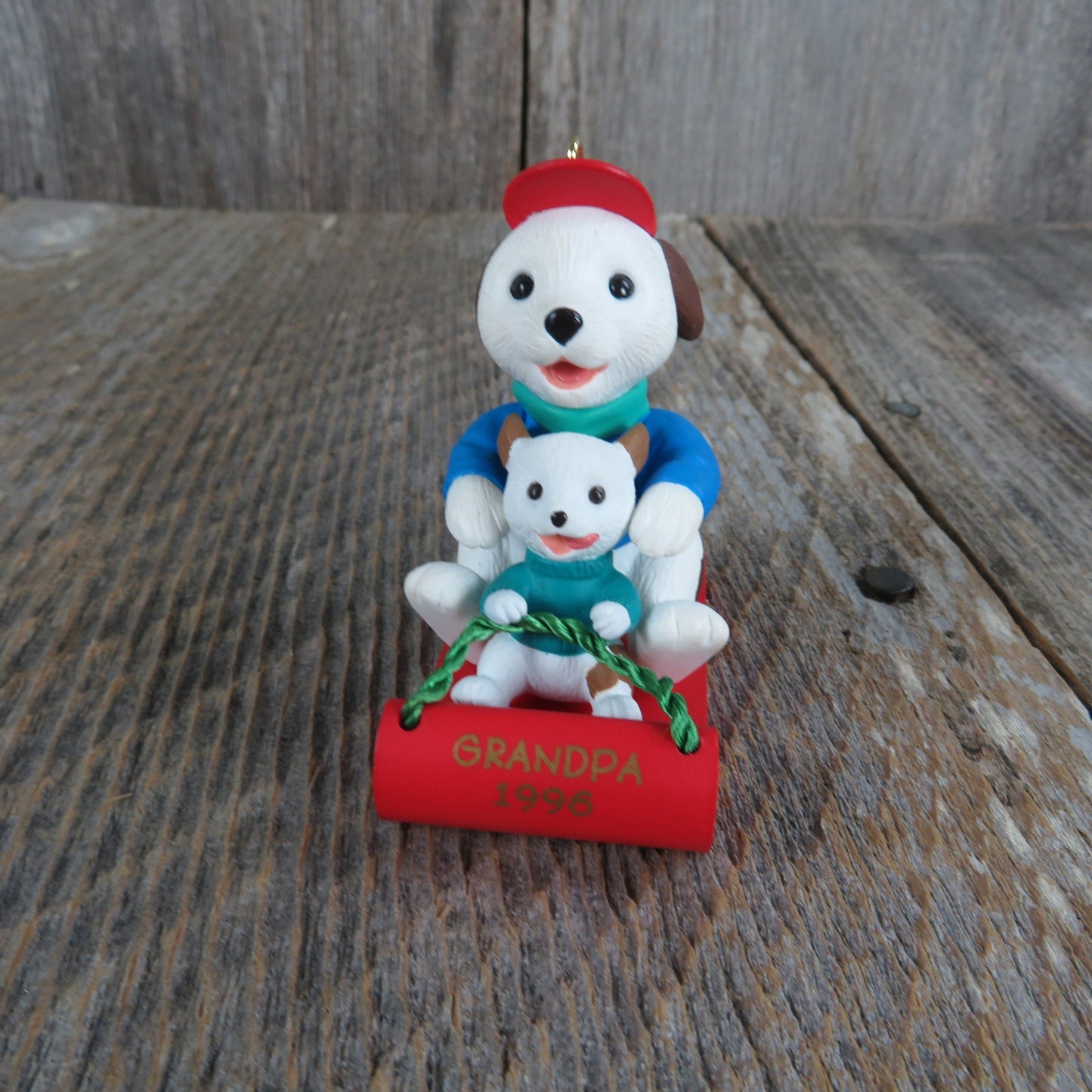 Vintage Dogs on Sled Ornament Grandpa Grandchild Hallmark Christmas 1996 Red Blue White