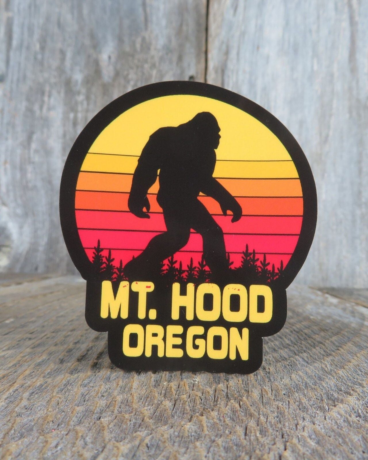 Mount Hood Oregon Bigfoot Sticker Retro Sunset Souvenir Waterproof Travel Water Bottle Laptop Red Yellow