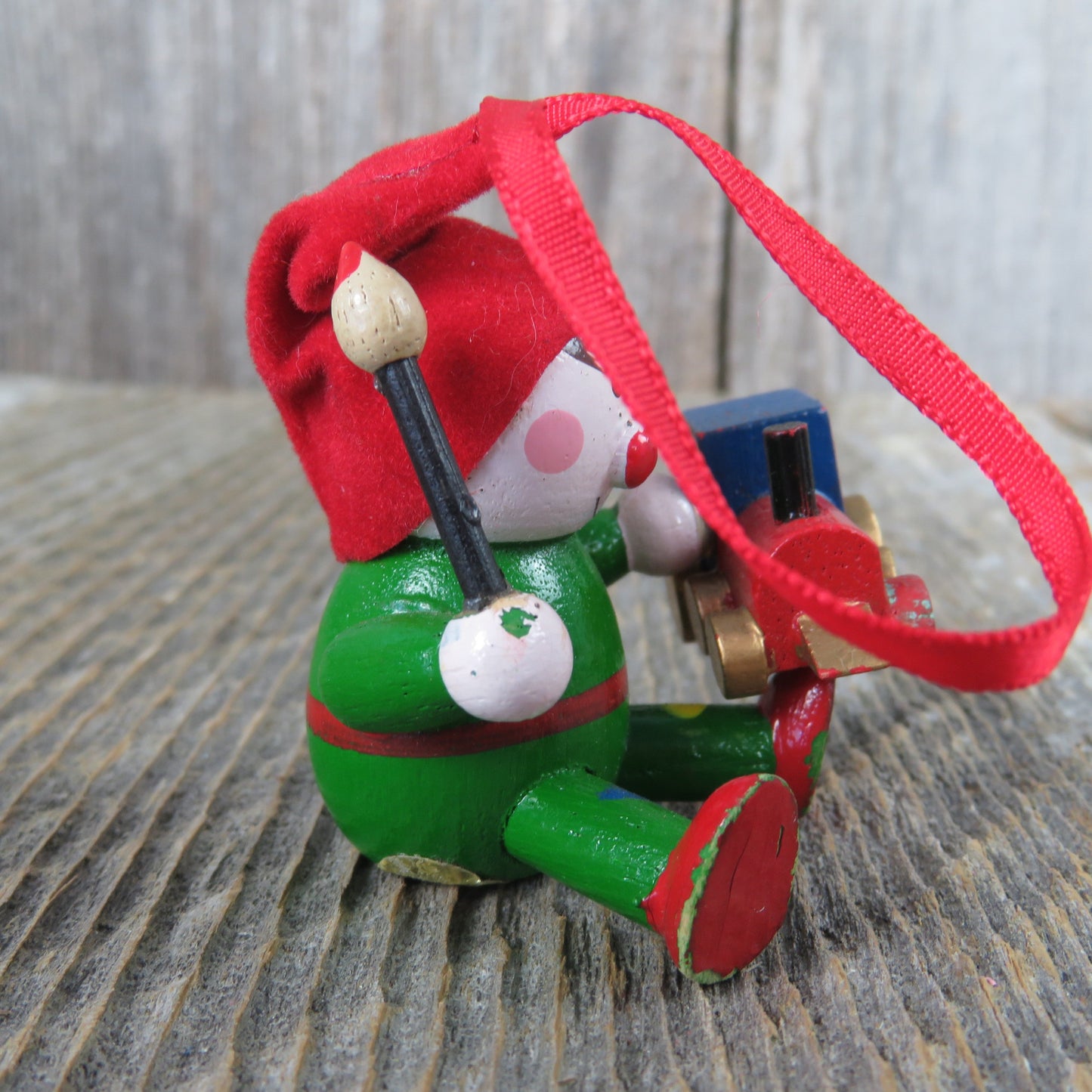 Vintage Elf with Train Wooden Ornament Dakin Green Red Toy Builder Christmas 1988 Taiwan