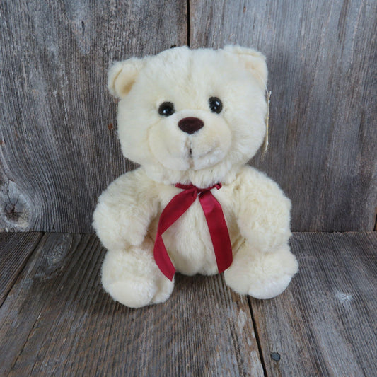 Vintage Teddy Bear Plush Cream Colored Red Bow Petal Plush 1993 Stuffed Animal Sitting Bear