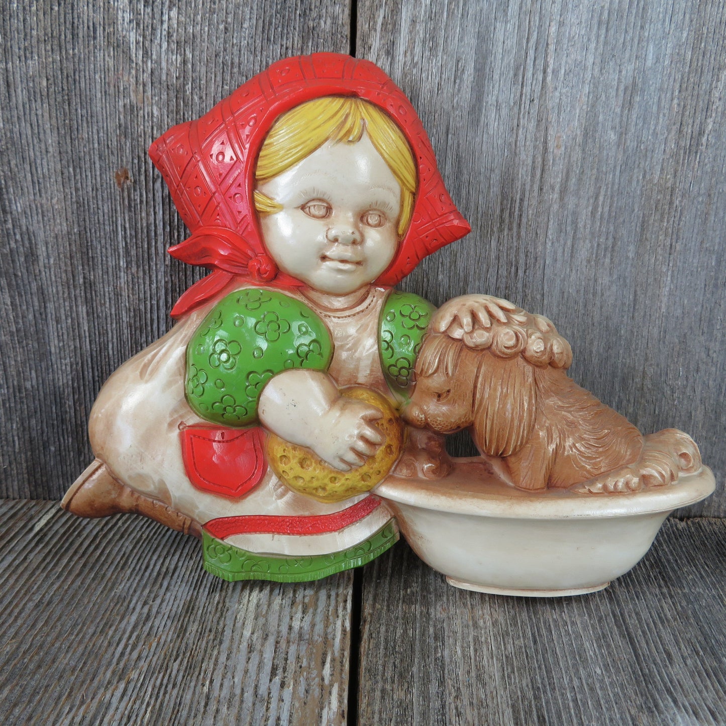 Vintage Homco Girl Wall Plaque Hanging Picture Washing Dog Cat Pet Orange Green Dart International Made in USA