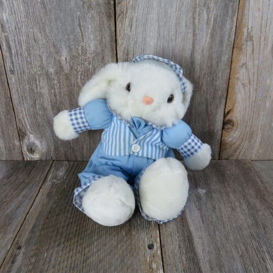 Vintage White Bunny Plush Fabric Body Rabbit Blue Check Easter Suit Hat Vest Boy Flocked Pink Nose Stuffed Animal
