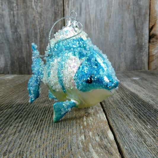 Blue Fish Glass Ornament Glitter Beads Christmas Nautical Tree White Yellow