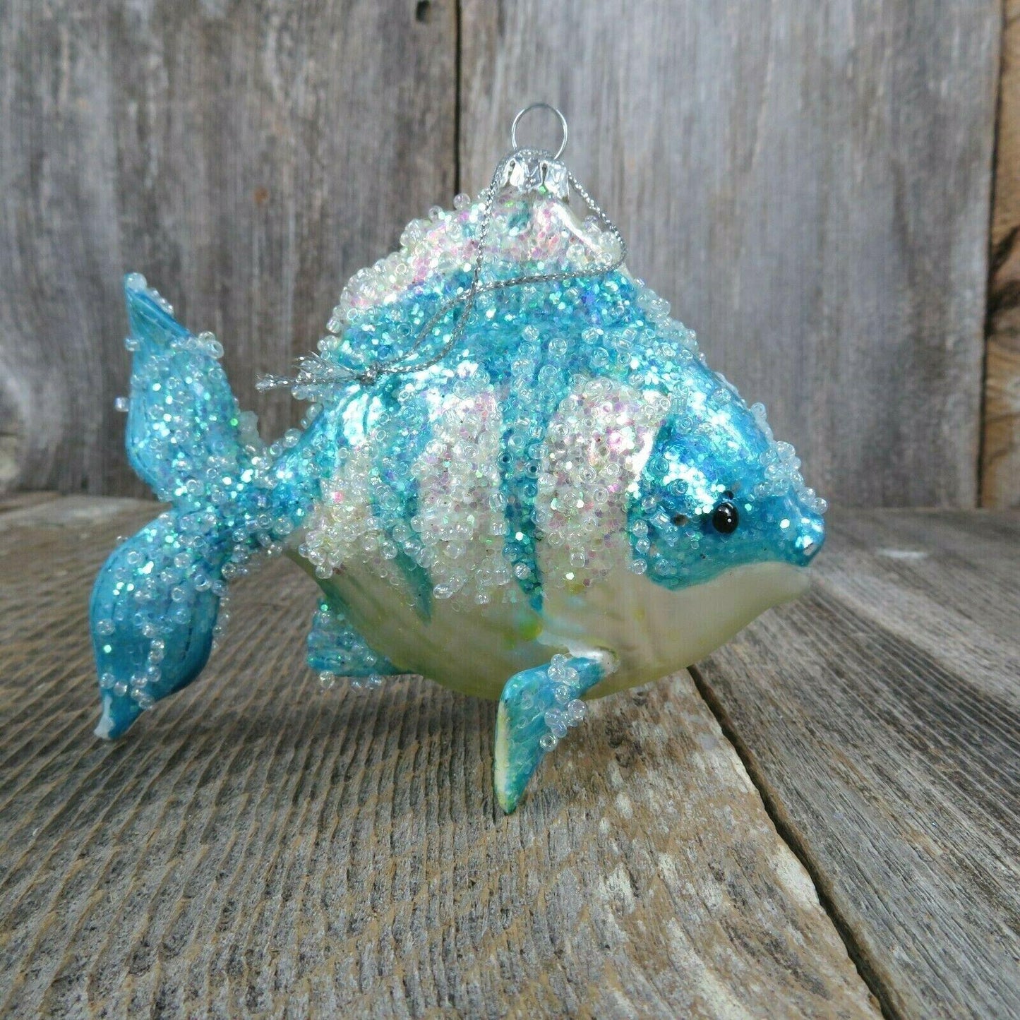 Blue Fish Glass Ornament Glitter Beads Christmas Nautical Tree White Yellow