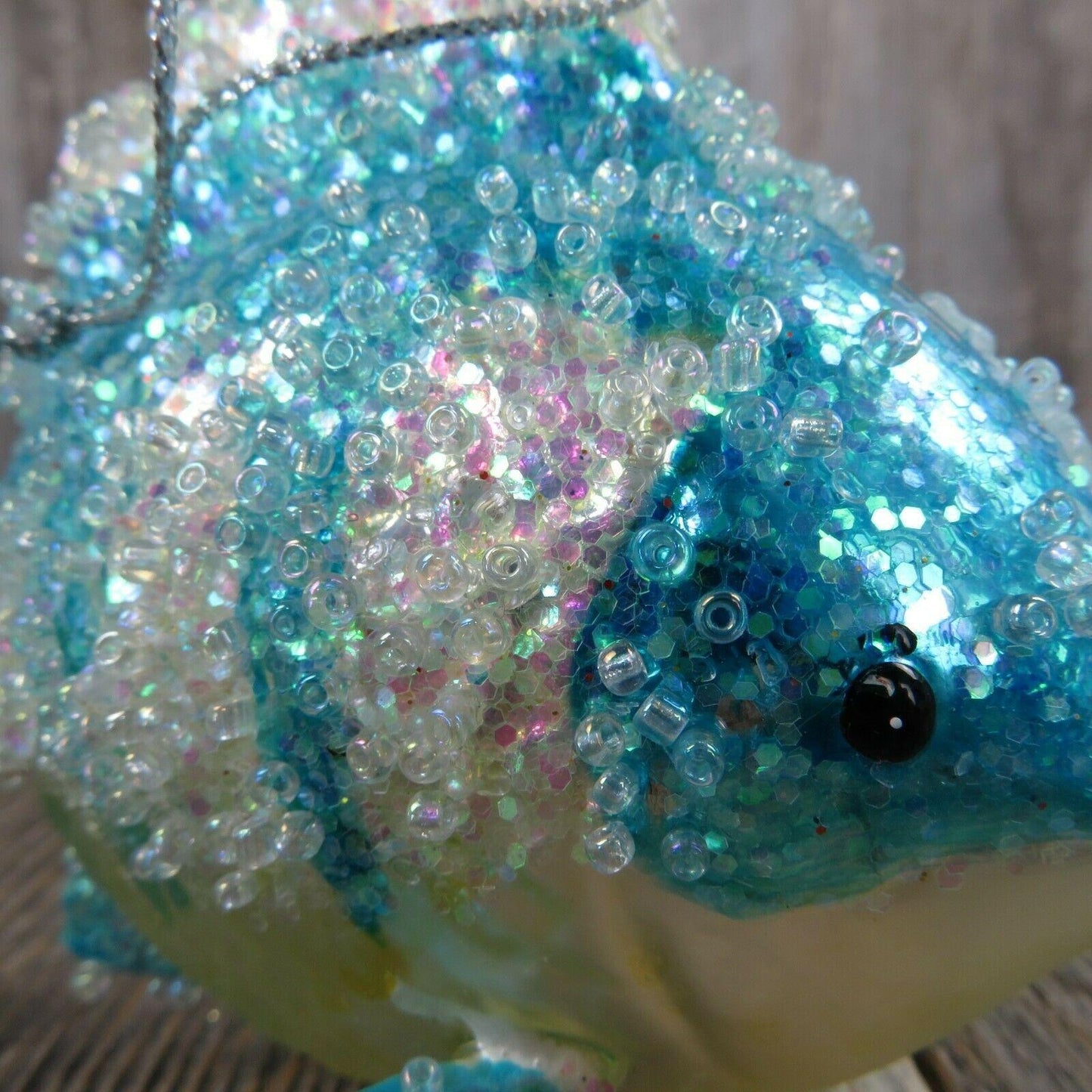 Blue Fish Glass Ornament Glitter Beads Christmas Nautical Tree White Yellow