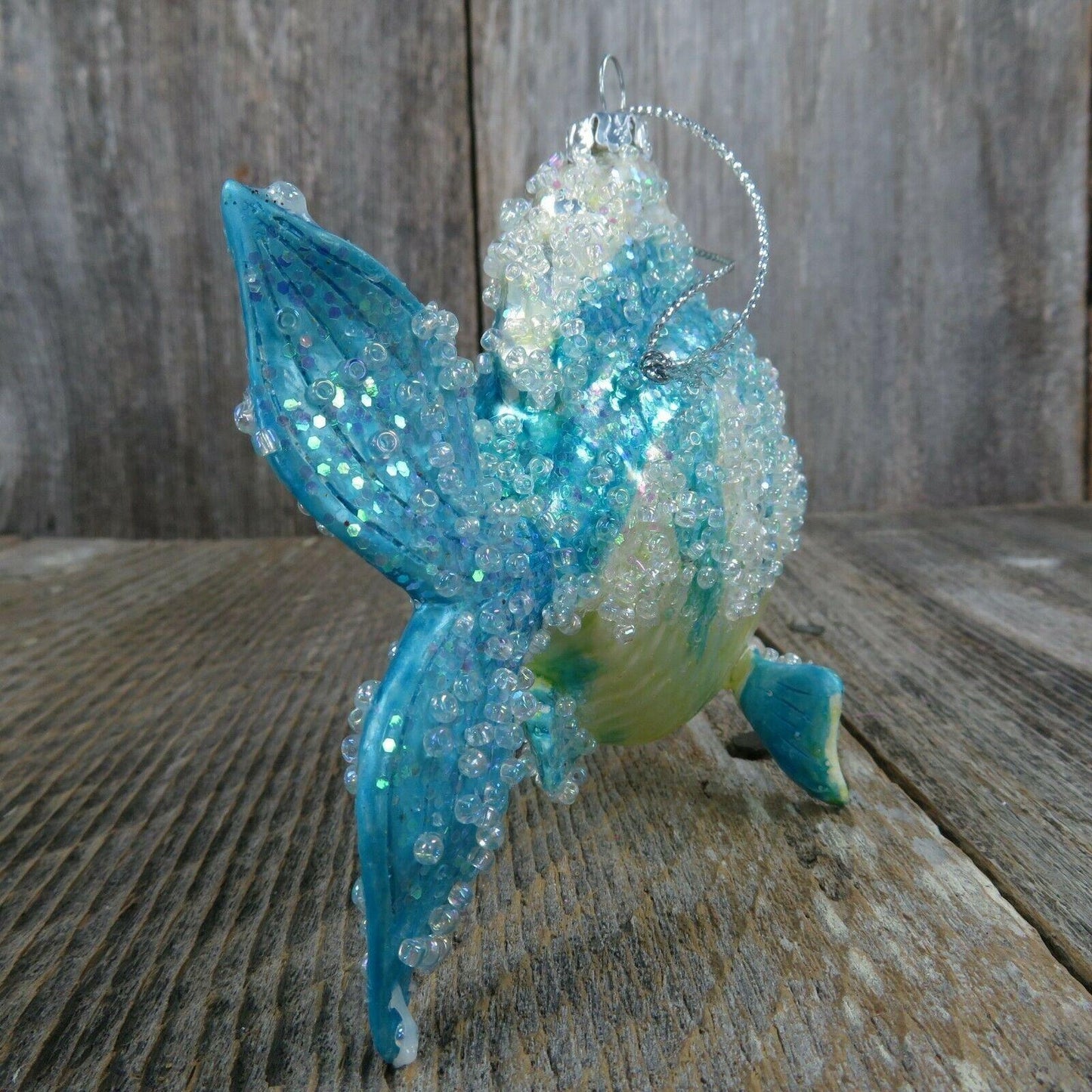 Blue Fish Glass Ornament Glitter Beads Christmas Nautical Tree White Yellow