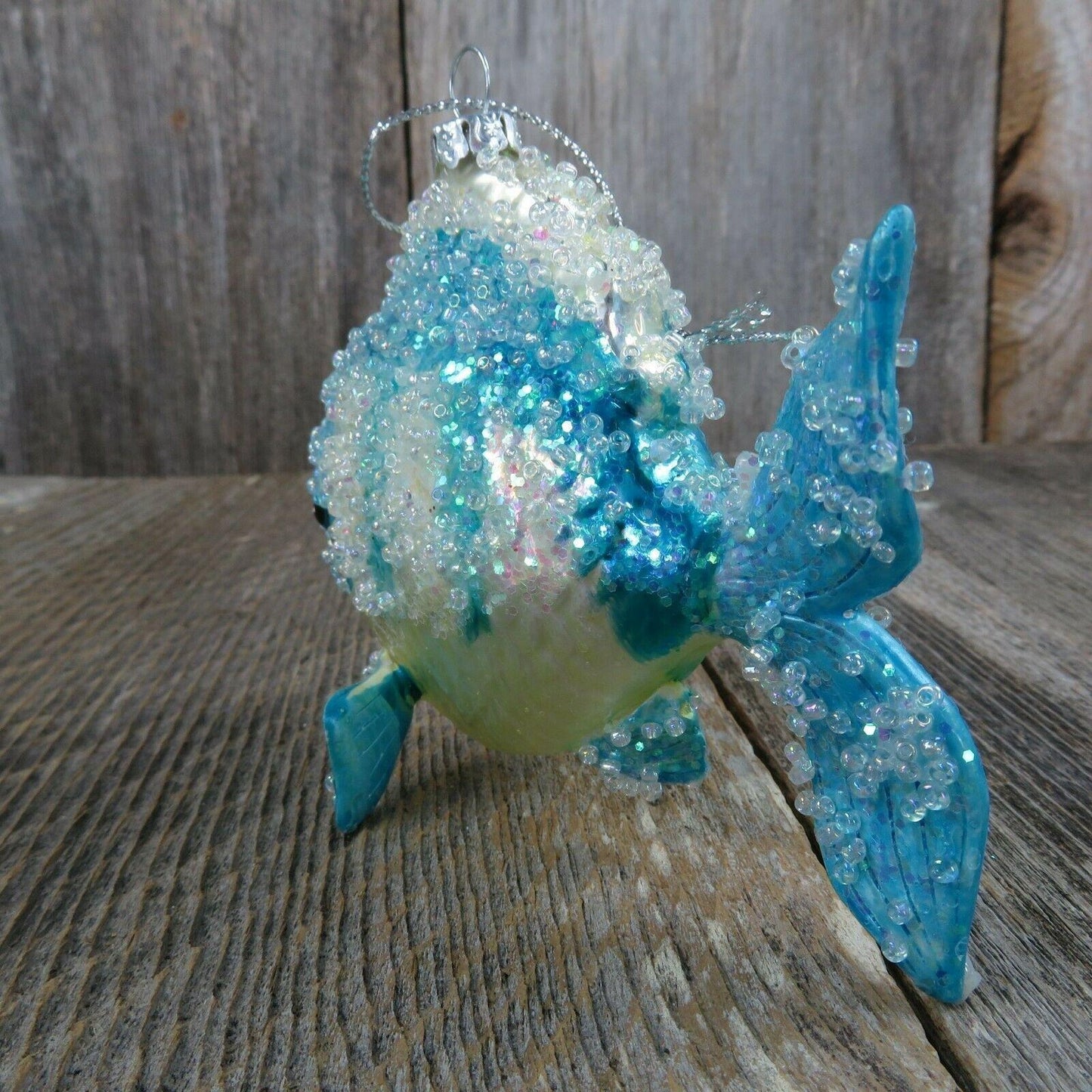 Blue Fish Glass Ornament Glitter Beads Christmas Nautical Tree White Yellow