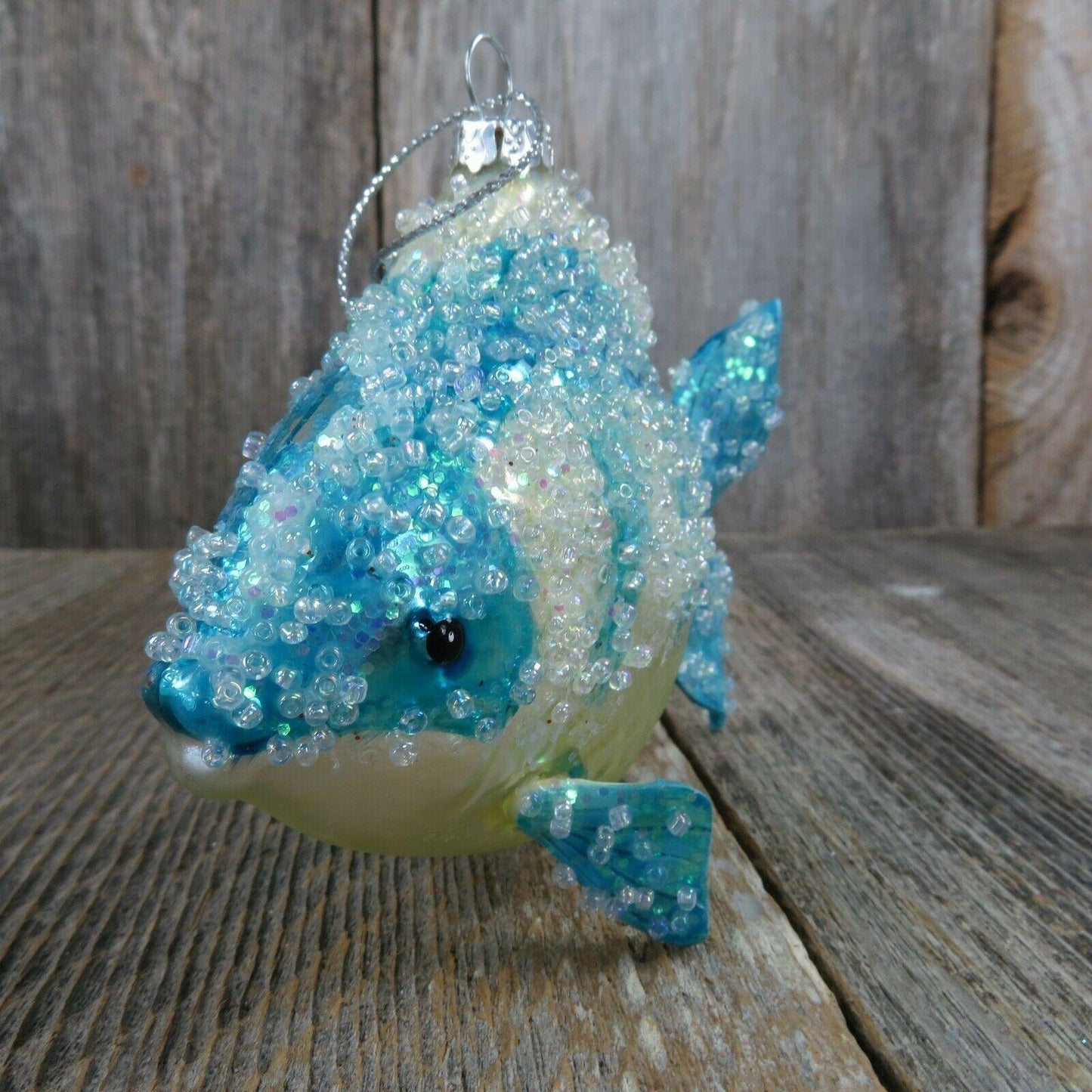 Blue Fish Glass Ornament Glitter Beads Christmas Nautical Tree White Yellow