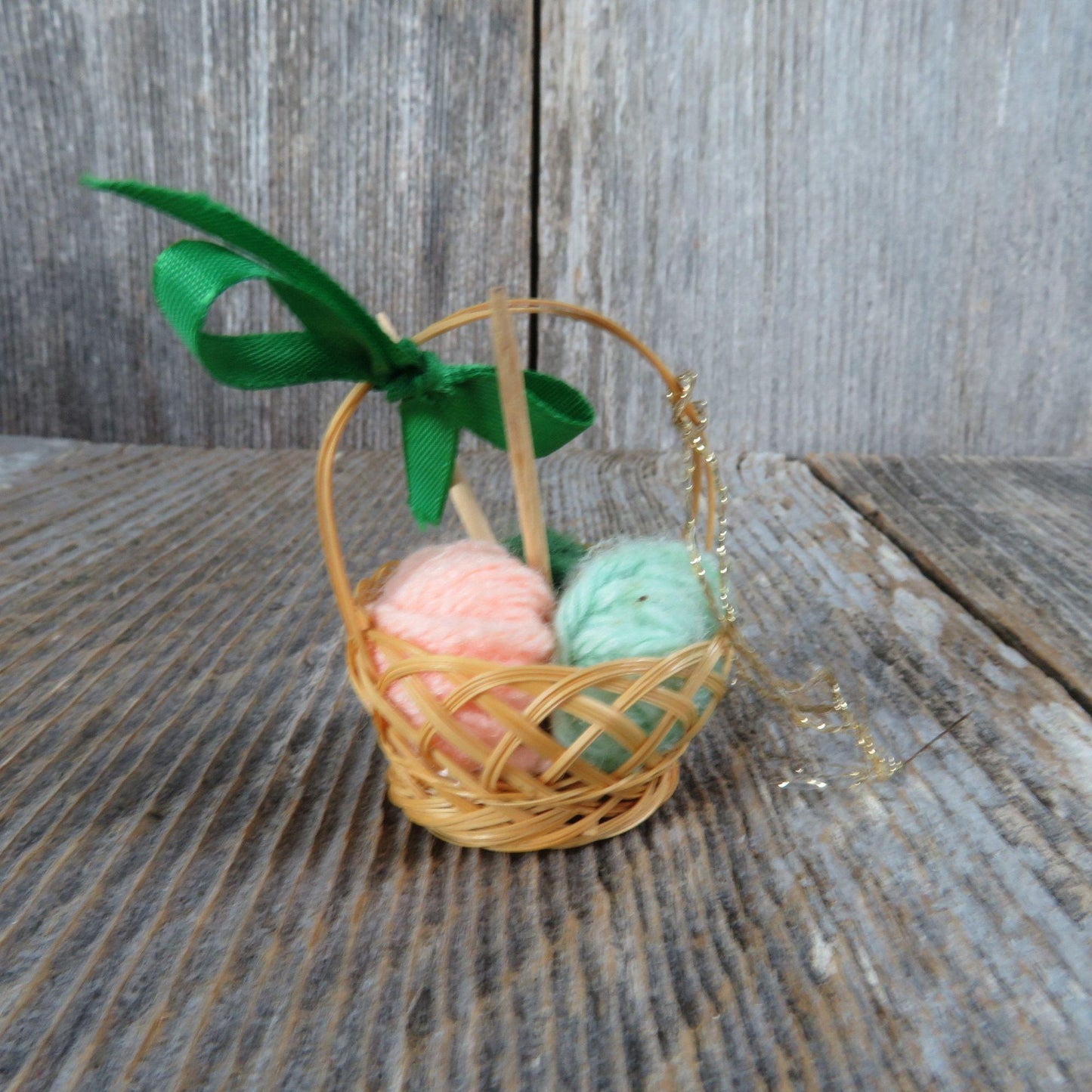 Knitting Basket Ornament Balls of Yarn Wicker Basket Christmas Vintage