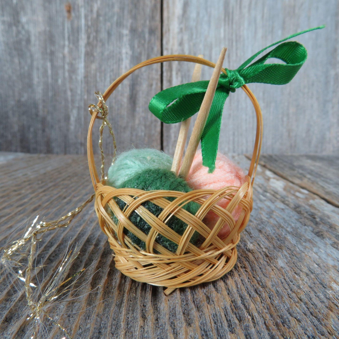 Knitting Basket Ornament Balls of Yarn Wicker Basket Christmas Vintage