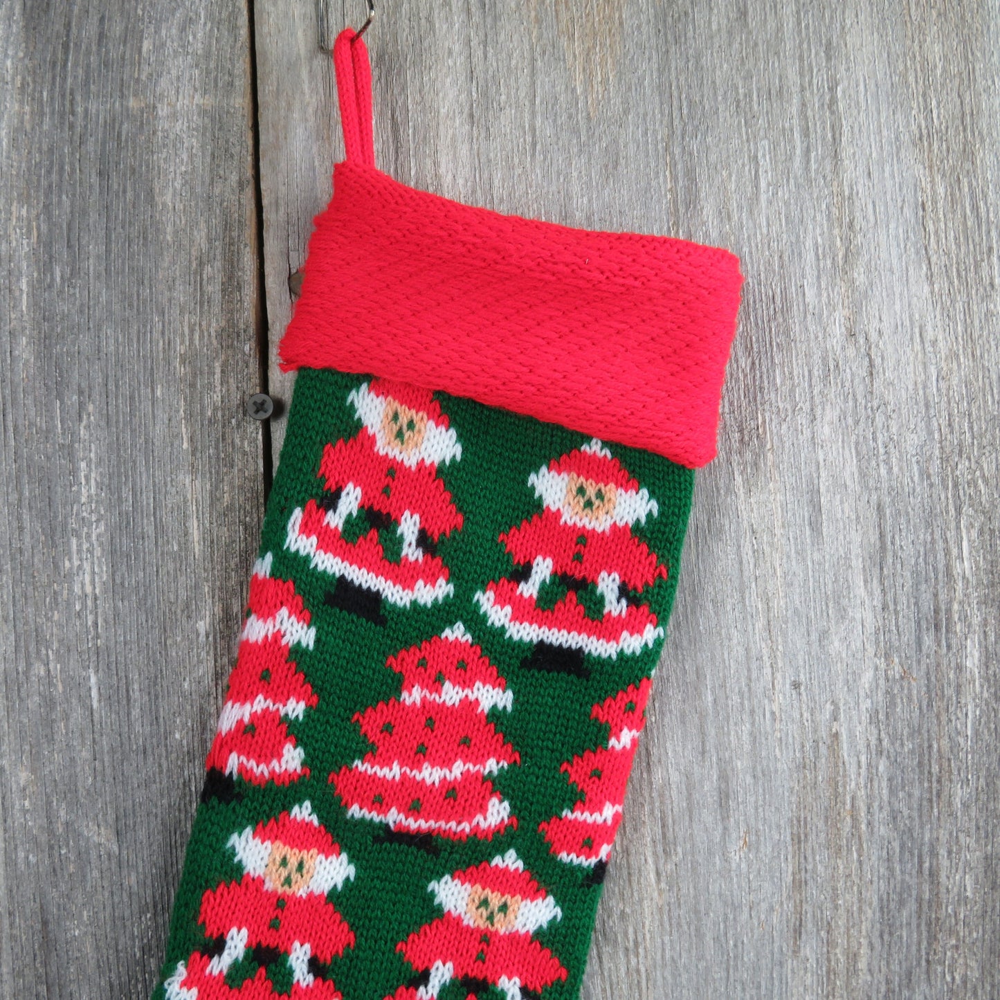 Vintage Santa Knit Stocking Mrs Claus Christmas Knitted Green Red White Christmas