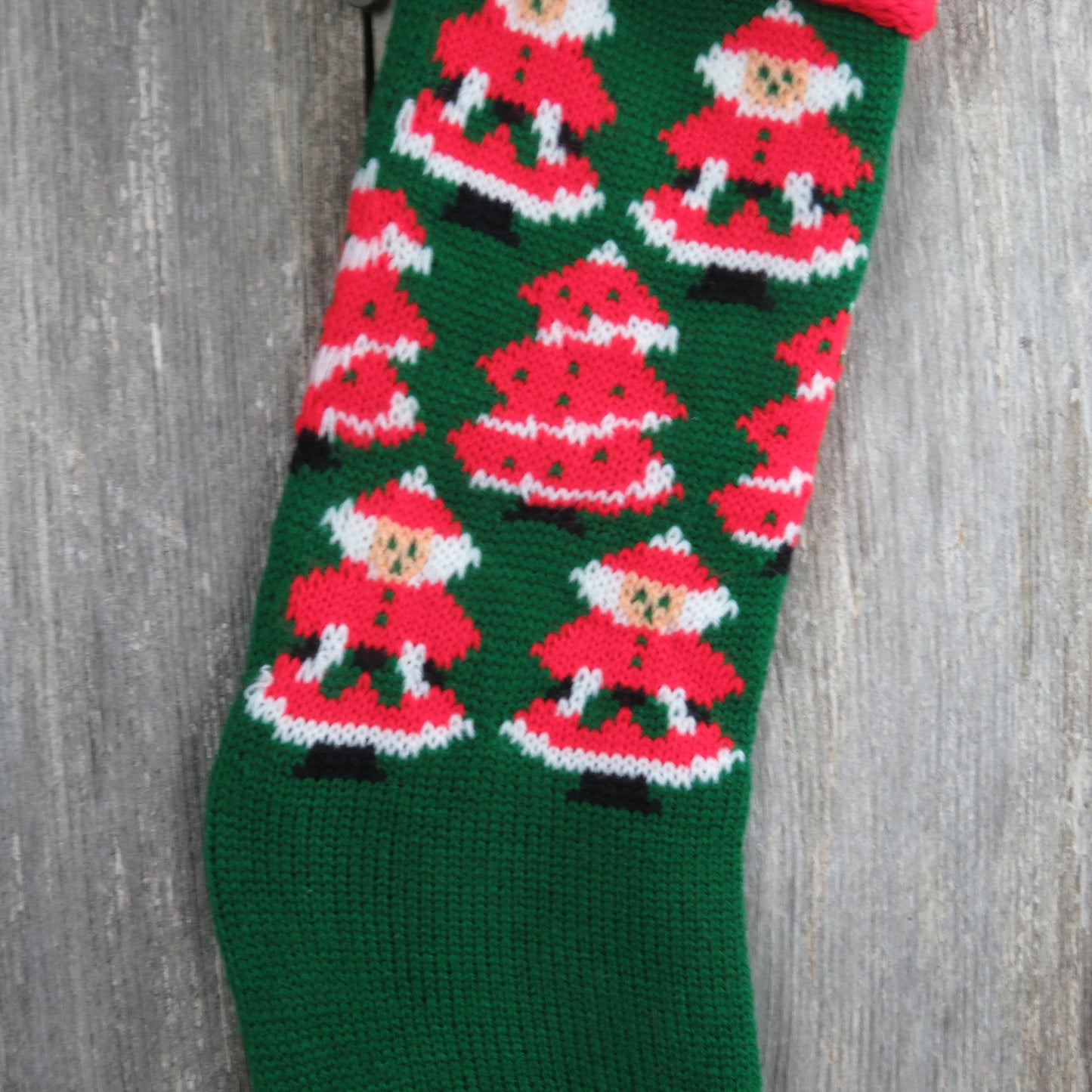 Vintage Santa Knit Stocking Mrs Claus Christmas Knitted Green Red White Christmas