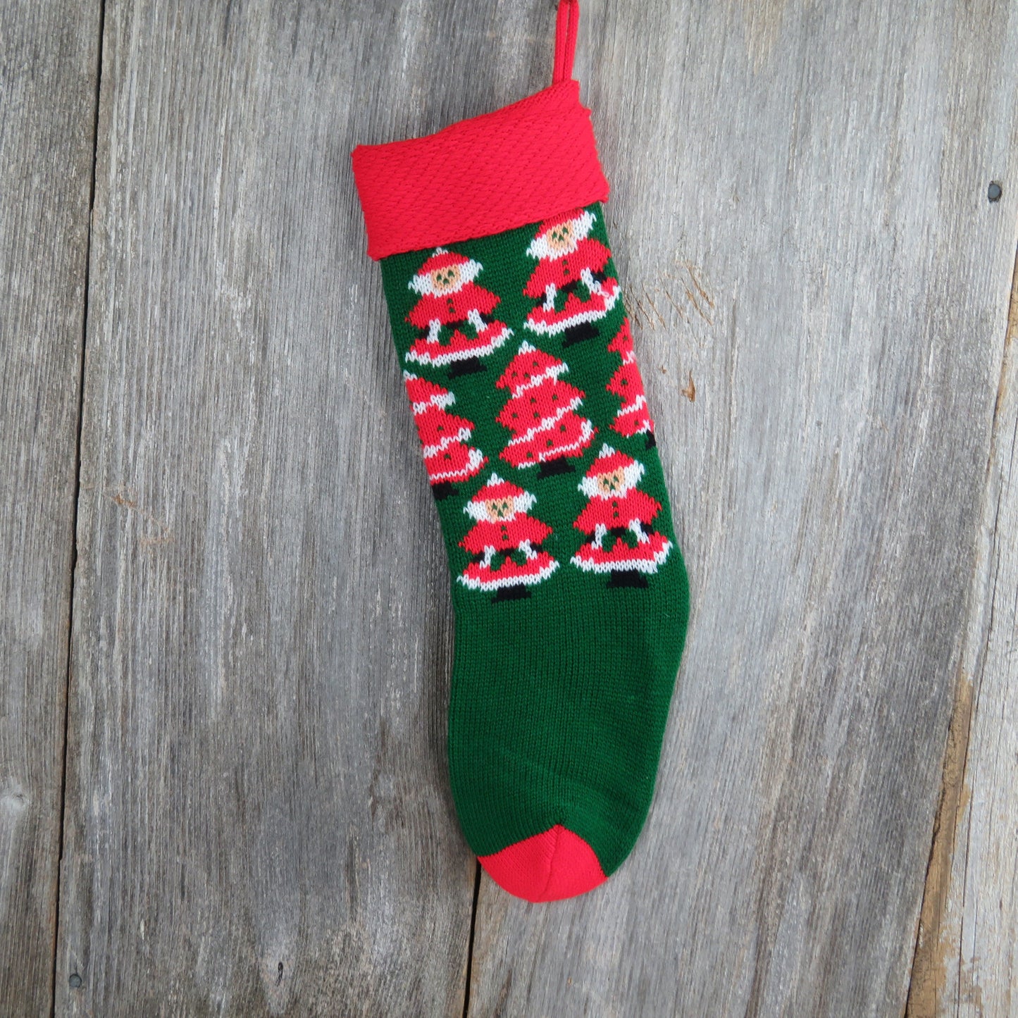 Vintage Santa Knit Stocking Mrs Claus Christmas Knitted Green Red White Christmas