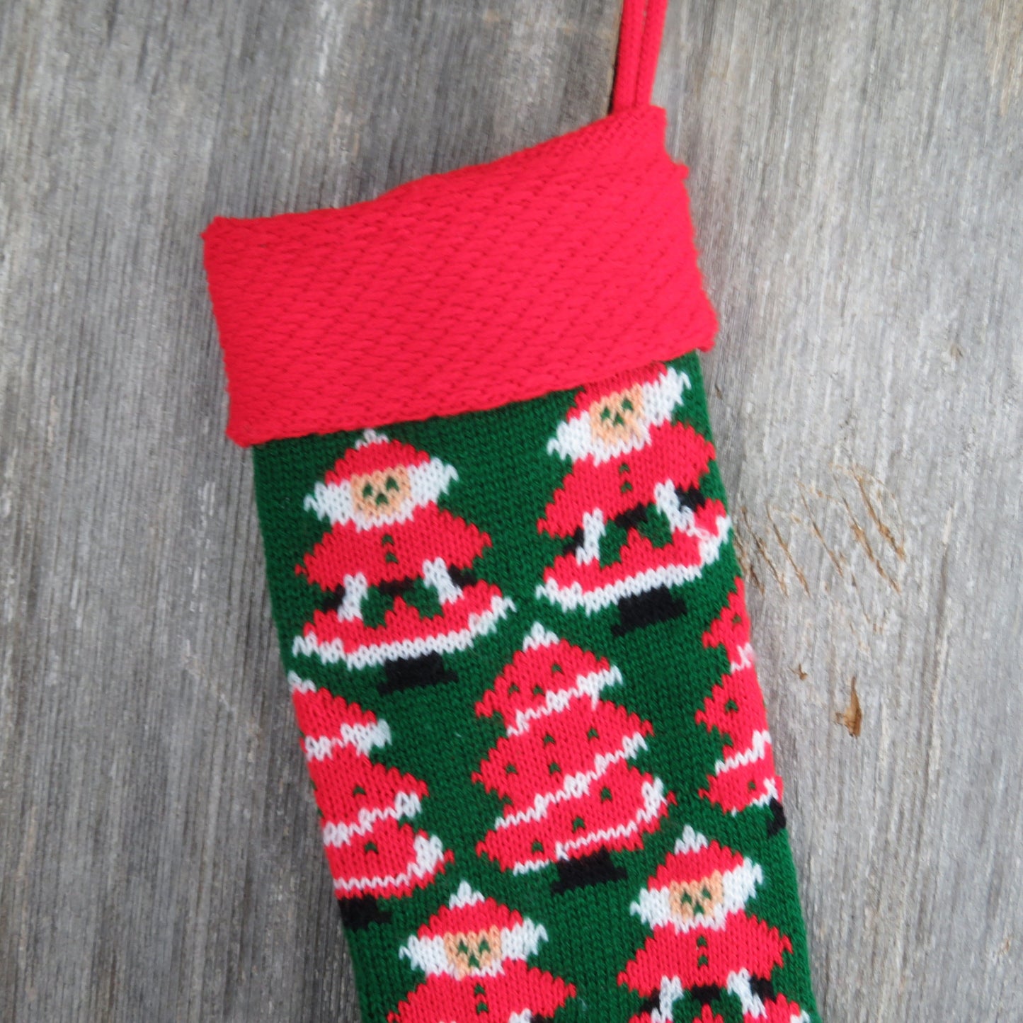 Vintage Santa Knit Stocking Mrs Claus Christmas Knitted Green Red White Christmas