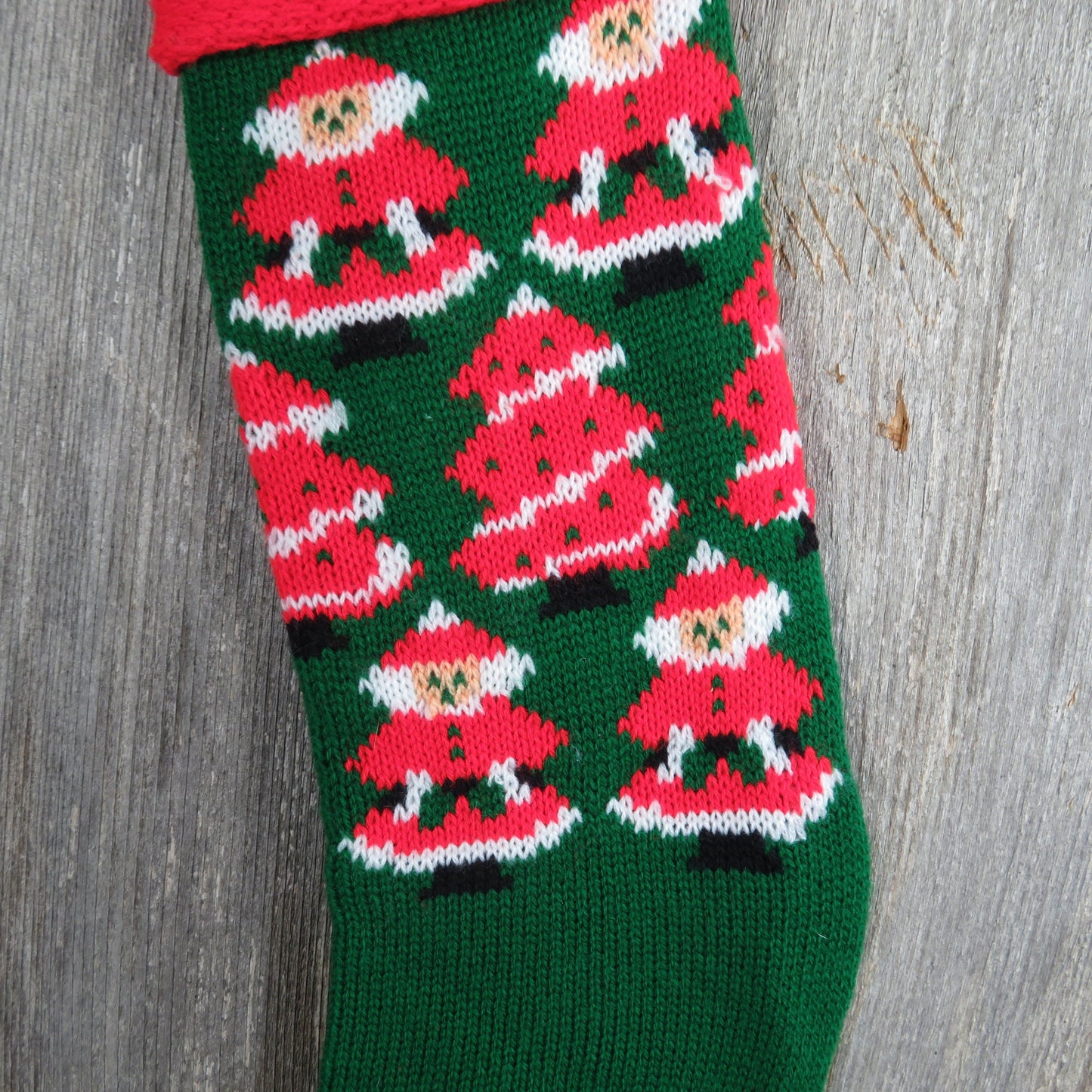 Vintage Santa Knit Stocking Mrs Claus Christmas Knitted Green Red White Christmas