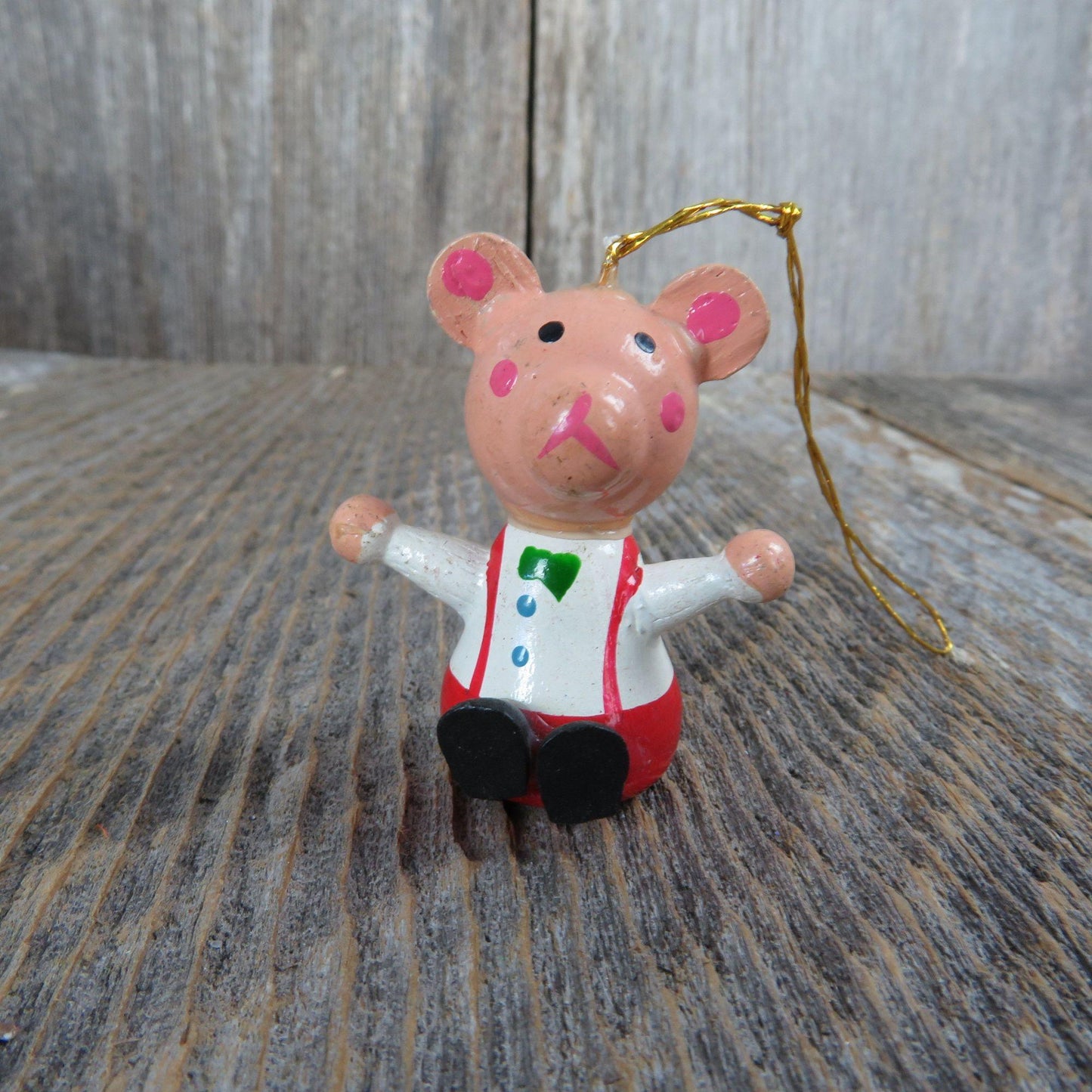 Vintage Teddy Bear Wooden Ornament Suspenders Bow Tie Wood Red Green White Christmas Wood Pig