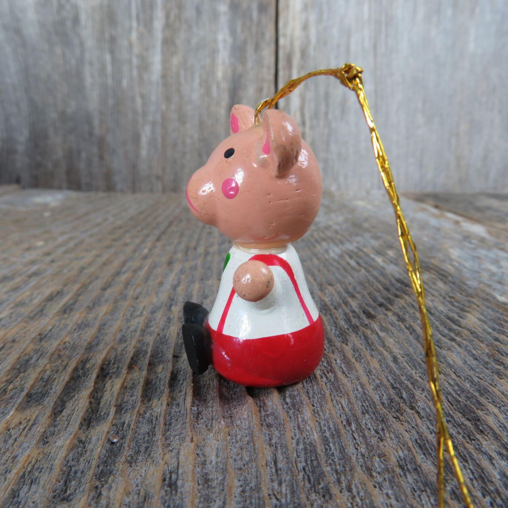 Vintage Teddy Bear Wooden Ornament Suspenders Bow Tie Wood Red Green W