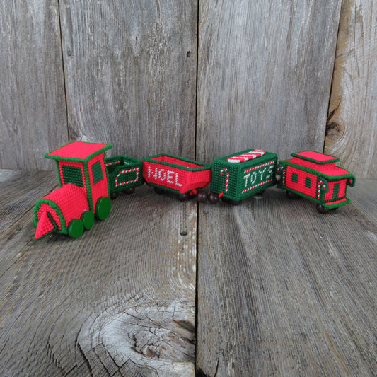 Vintage Train Candy Dish Christmas Plastic Canvas Needlepoint Handmade Decoration Red Green Caboose - At Grandma's Table