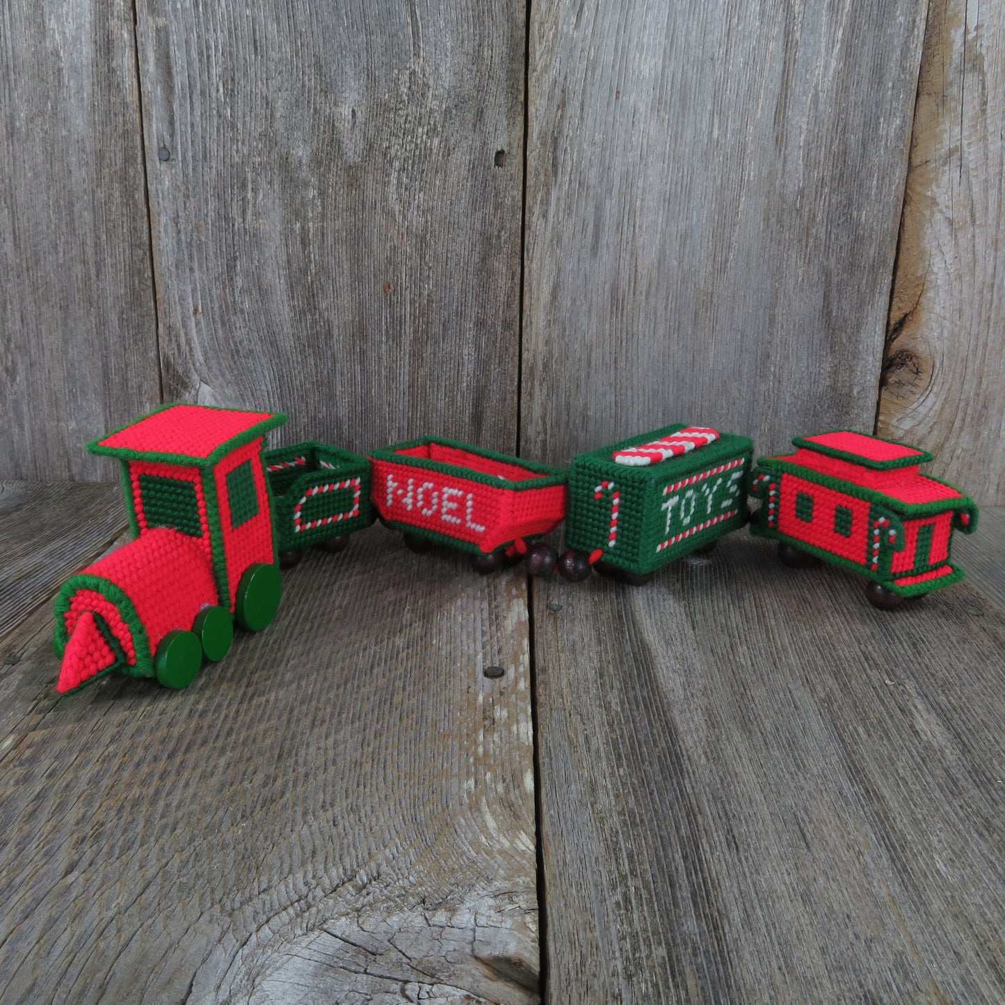 Vintage Train Candy Dish Christmas Plastic Canvas Needlepoint Handmade Decoration Red Green Caboose