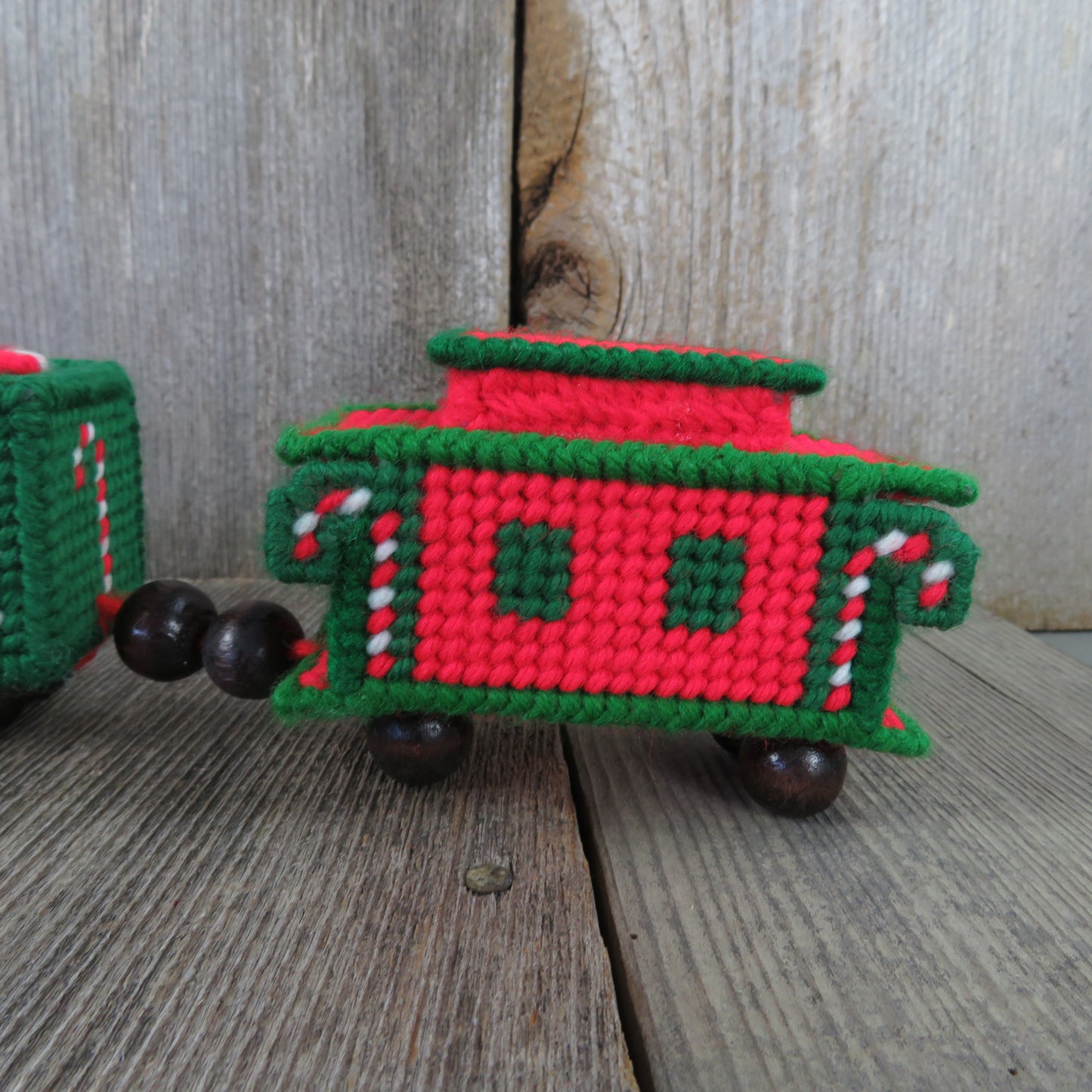 Vintage Train Candy Dish Christmas Plastic Canvas Needlepoint Handmade Decoration Red Green Caboose