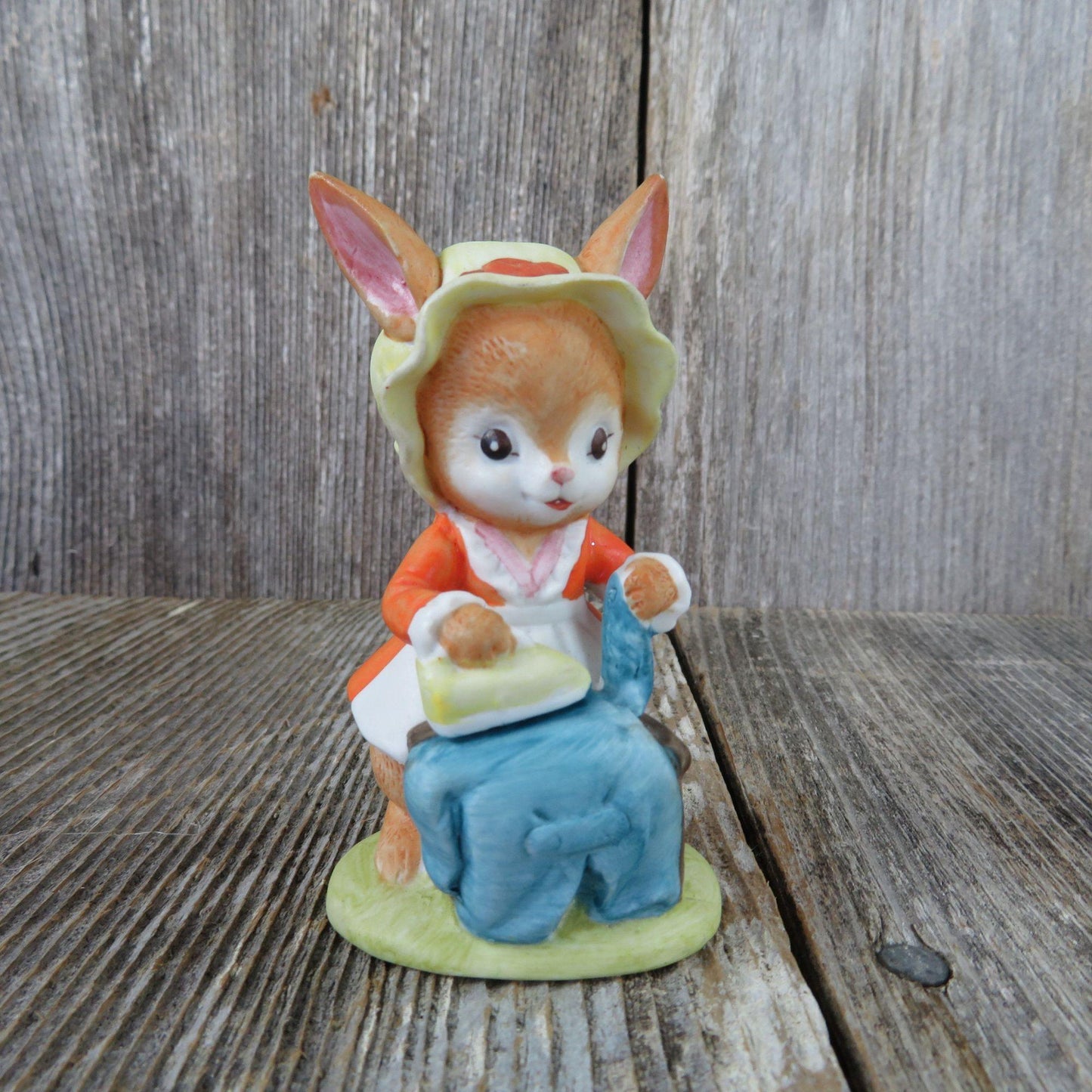 Vintage Bunny Ironing Figurine Lefton China 2264 Rabbit Orange Dress Bonnet Laundry Blue Shirt