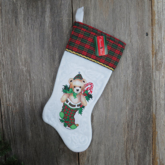 Vintage Plaid Teddy Bear Stocking Christmas Santa's Best Candy Cane Holly White Fuzzy Red Green Fleece Gold Trim