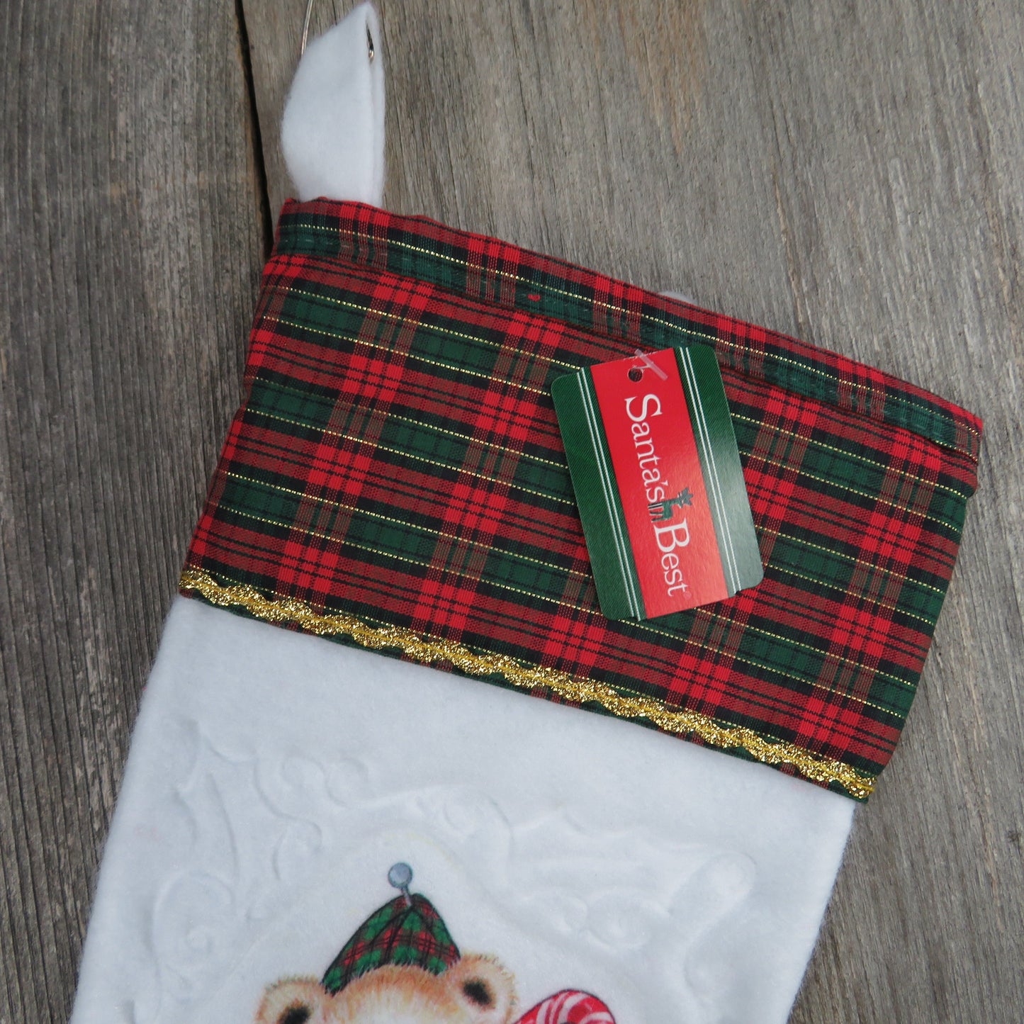 Vintage Plaid Teddy Bear Stocking Christmas Santa's Best Candy Cane Holly White Fuzzy Red Green Fleece Gold Trim