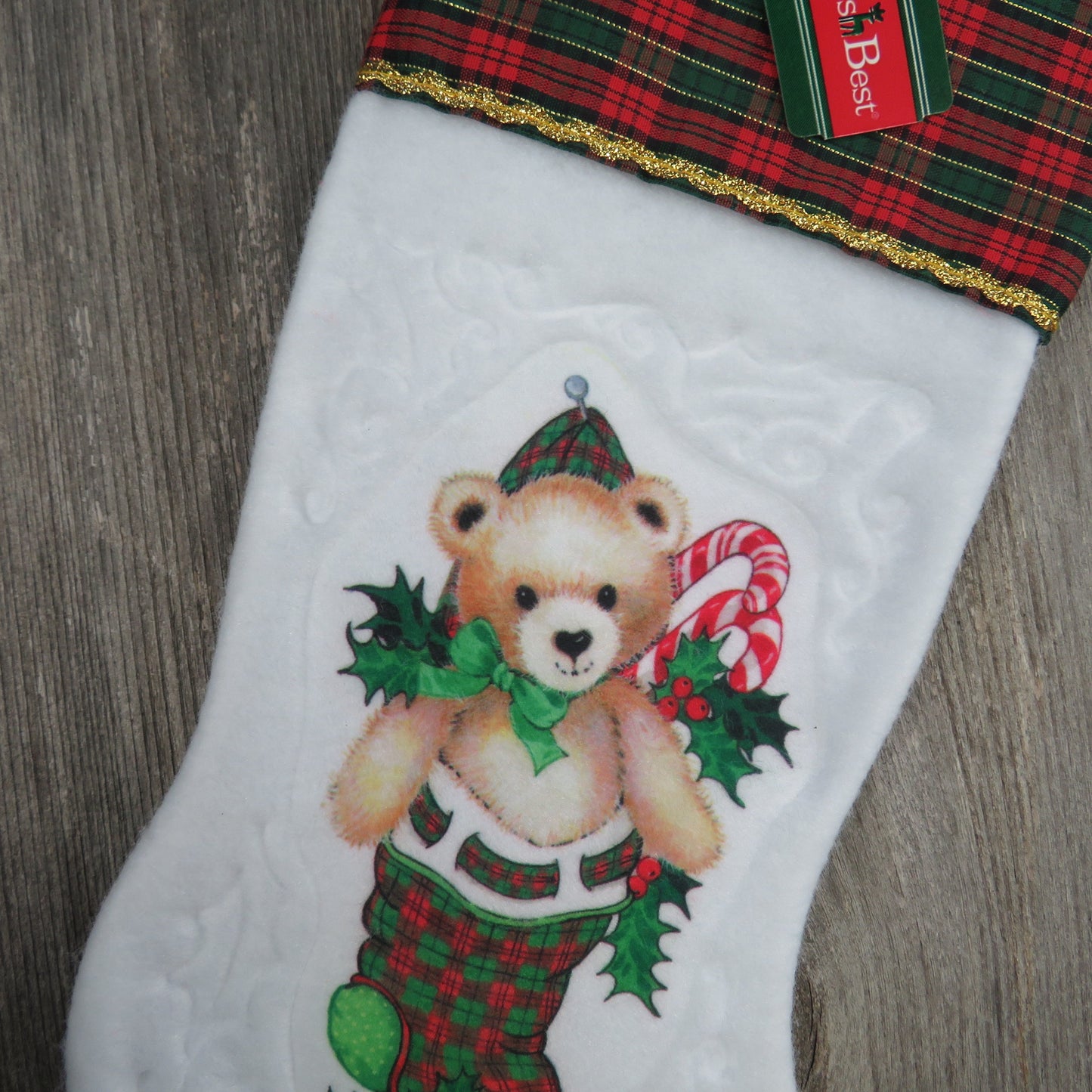 Vintage Plaid Teddy Bear Stocking Christmas Santa's Best Candy Cane Holly White Fuzzy Red Green Fleece Gold Trim