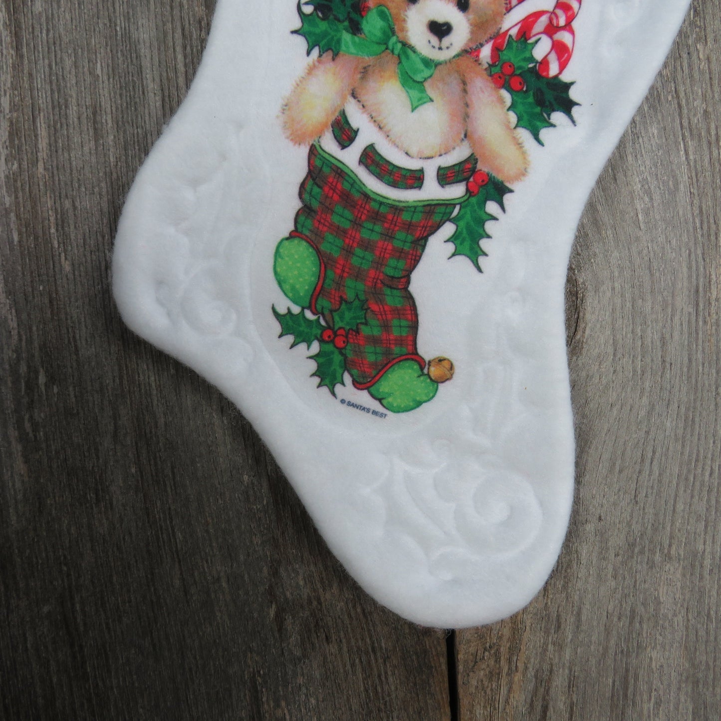 Vintage Plaid Teddy Bear Stocking Christmas Santa's Best Candy Cane Holly White Fuzzy Red Green Fleece Gold Trim