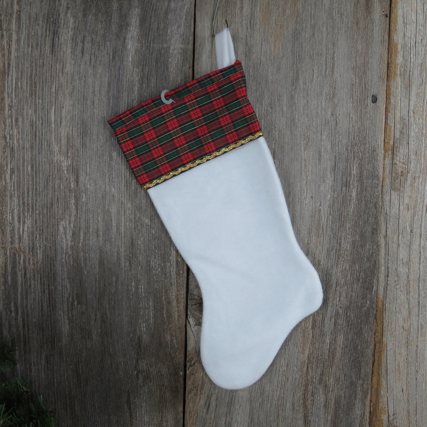 Vintage Plaid Teddy Bear Stocking Christmas Santa's Best Candy Cane Holly White Fuzzy Red Green Fleece Gold Trim